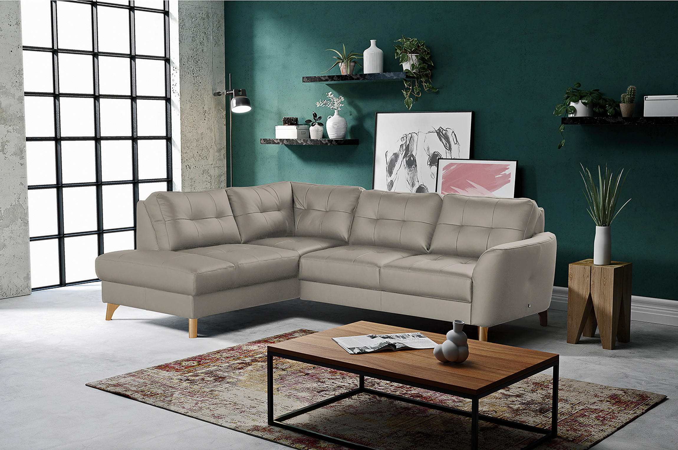 ECKSOFA in Lederlook Echtleder Platinfarben  - Platinfarben/Buchefarben, Design, Leder/Holz (190/236cm) - Livetastic