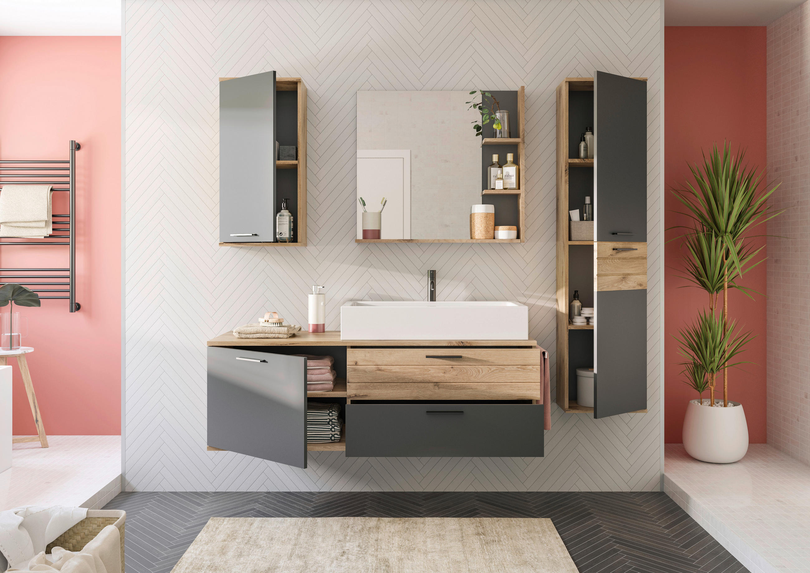 UMIVAL. ENOTA Z UMIVALNIKOM  - siva/črna, Moderno, kamen/umetna masa (140cm) - MID.YOU