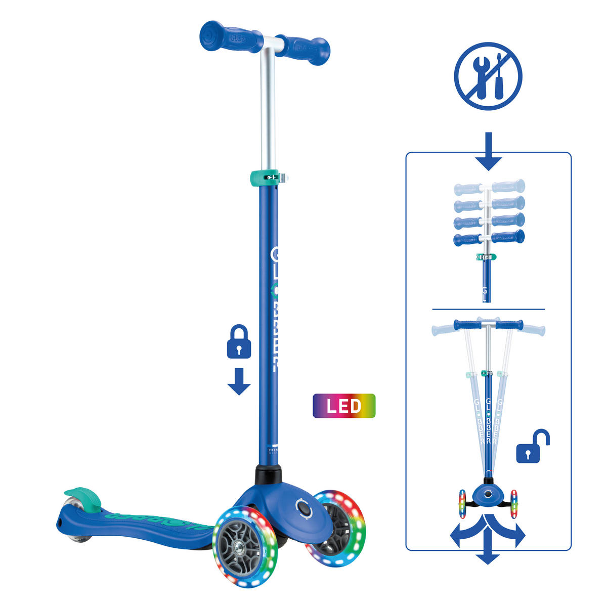 KINDERSCOOTER PRIMO PLUS LIGHTS  - Dunkelblau, Basics, Kunststoff (57.5/28/82,5cm) - GLOBBER