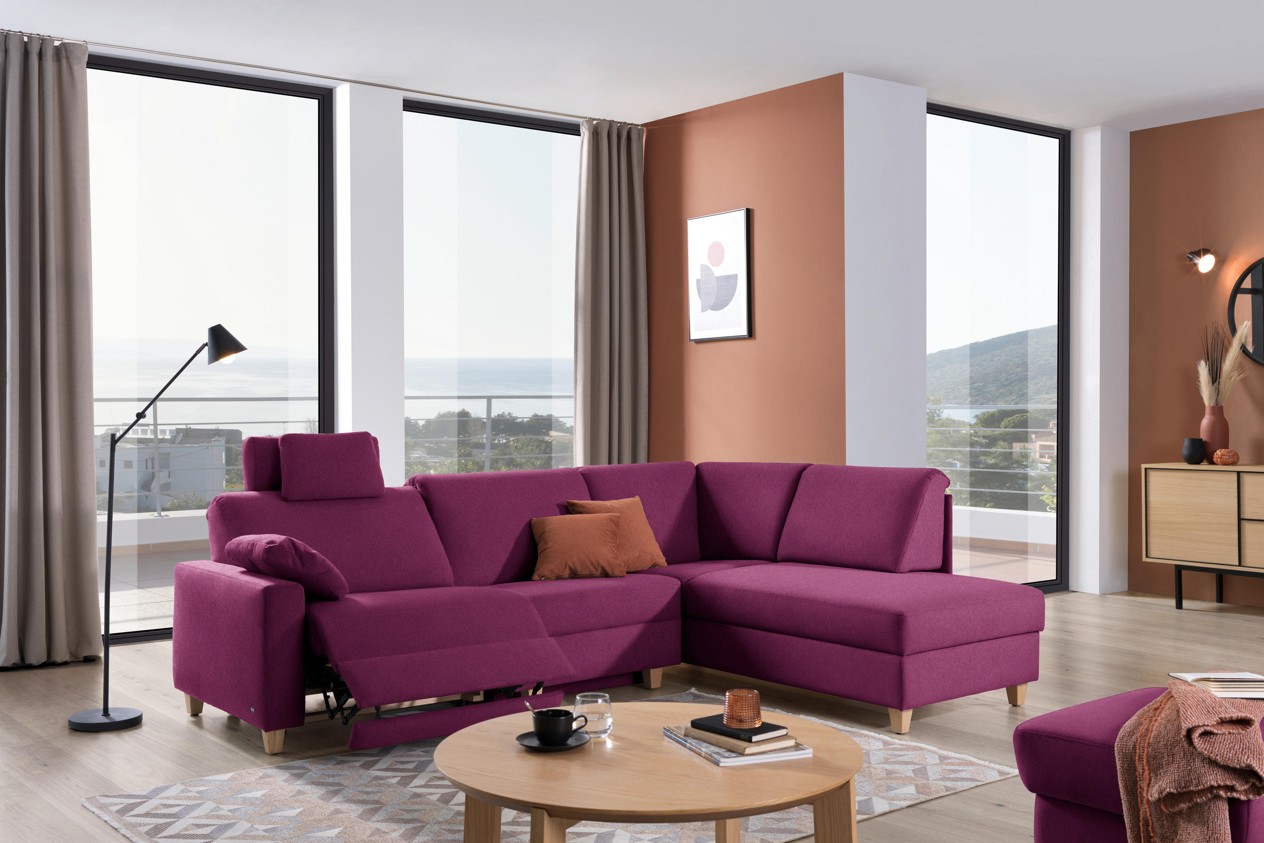 ECKSOFA in Flachgewebe Beere  261/203 cm  - Eichefarben/Beere, KONVENTIONELL, Holz/Textil (261/203cm) - Sedda