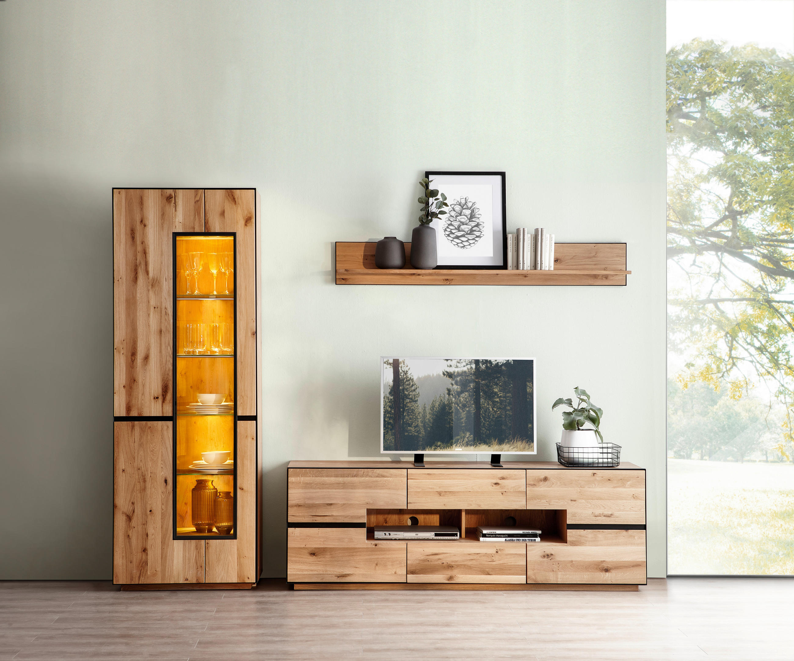 WOHNWAND Wildeiche furniert, massiv, teilmassiv - Anthrazit, KONVENTIONELL, Glas/Holz (270/203/47cm) - Linea Natura