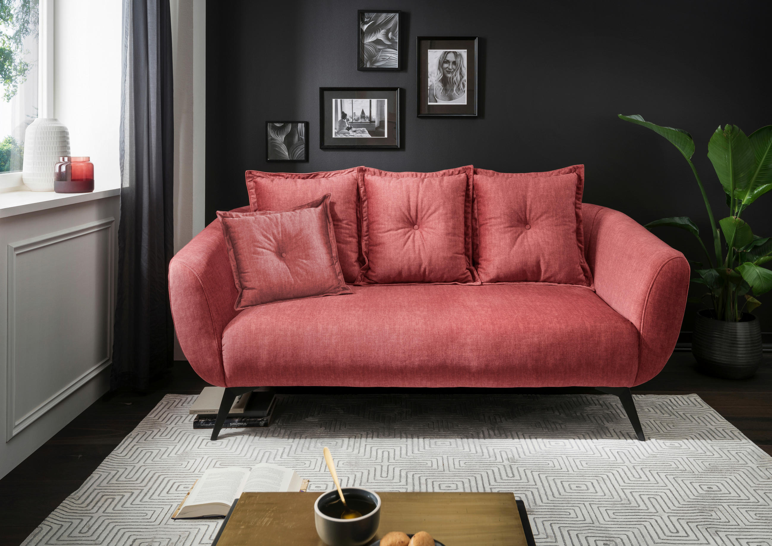 2,5-SITZER Velours Koralle  - Koralle/Schwarz, MODERN, Holz/Textil (196/94/103cm) - Livetastic