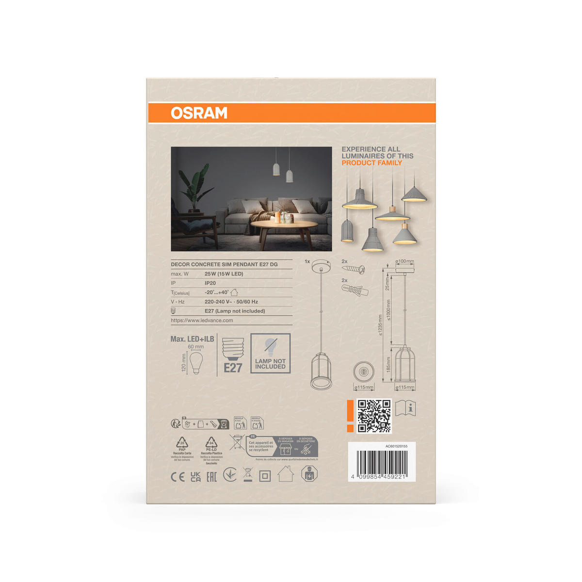 HÄNGELEUCHTE 11.5/123.5 cm  - Dunkelgrau, Basics, Stein/Metall (11.5/123.5cm) - Osram