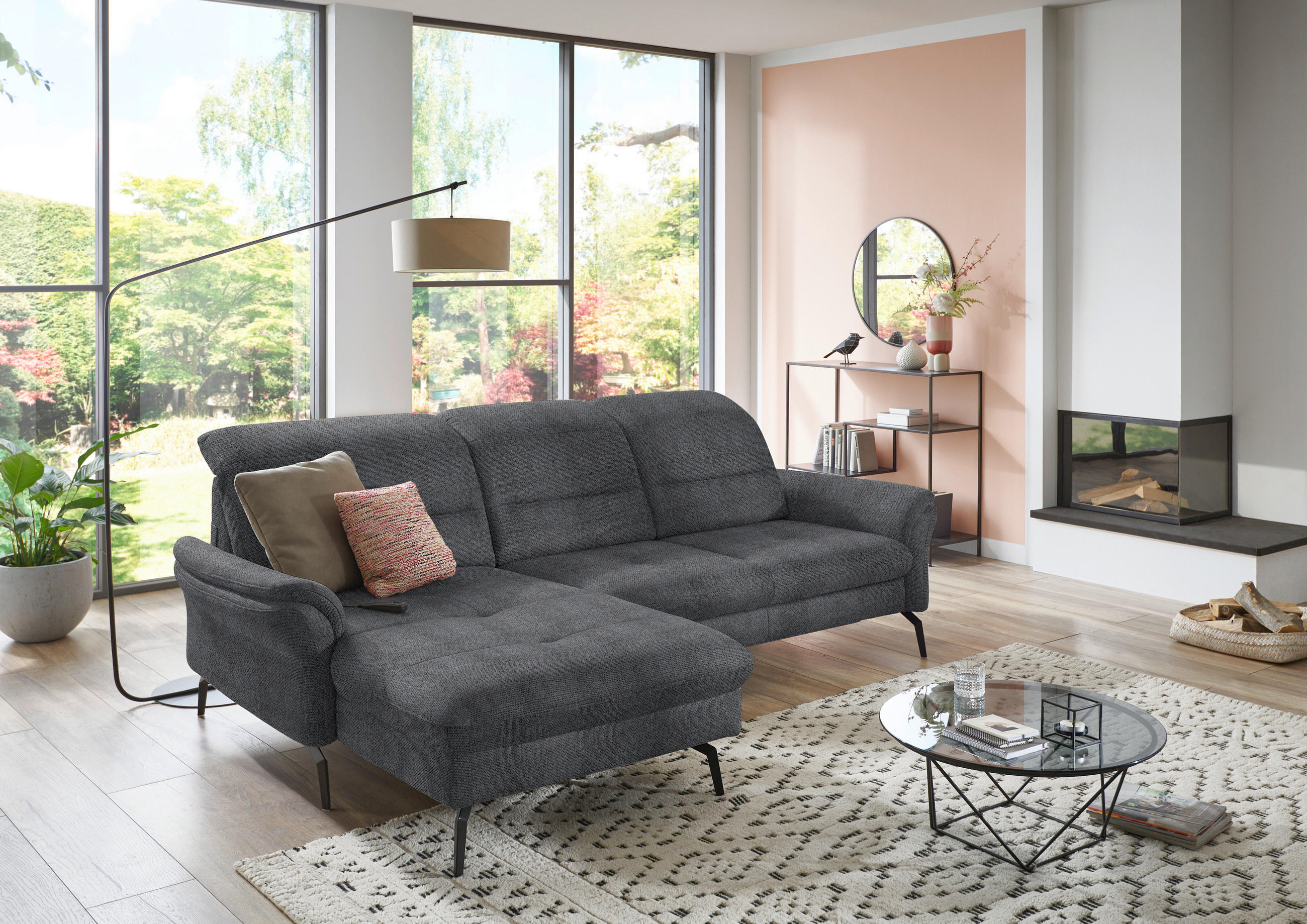 ECKSOFA in Flachgewebe Anthrazit  - Anthrazit/Schwarz, Konventionell, Textil/Metall (181/260cm) - Beldomo Speed
