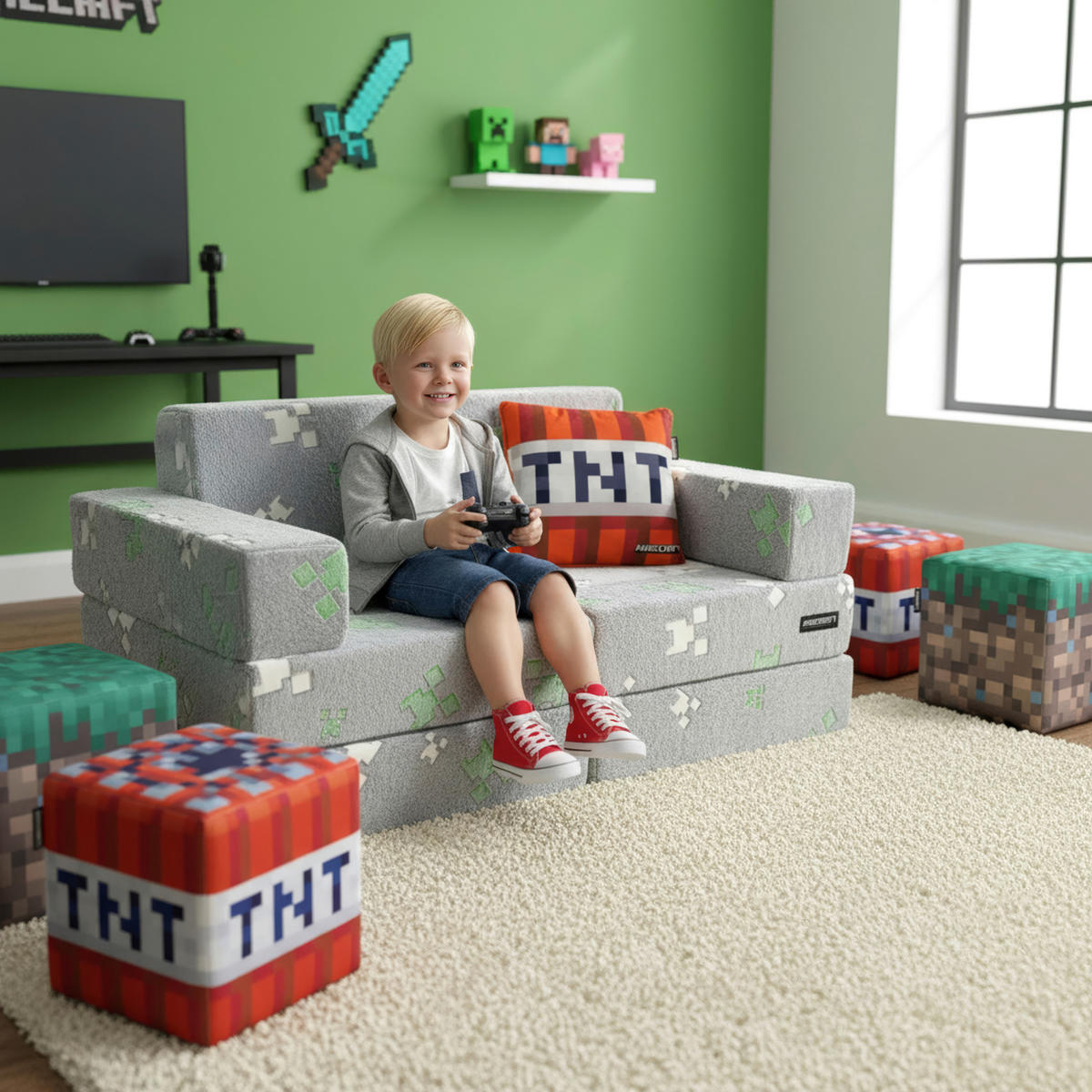 JUGEND- UND KINDERSOFA Minecraft in Grau  - Rot/Grau, Trend, Textil (120/60/60cm) - Minecraft