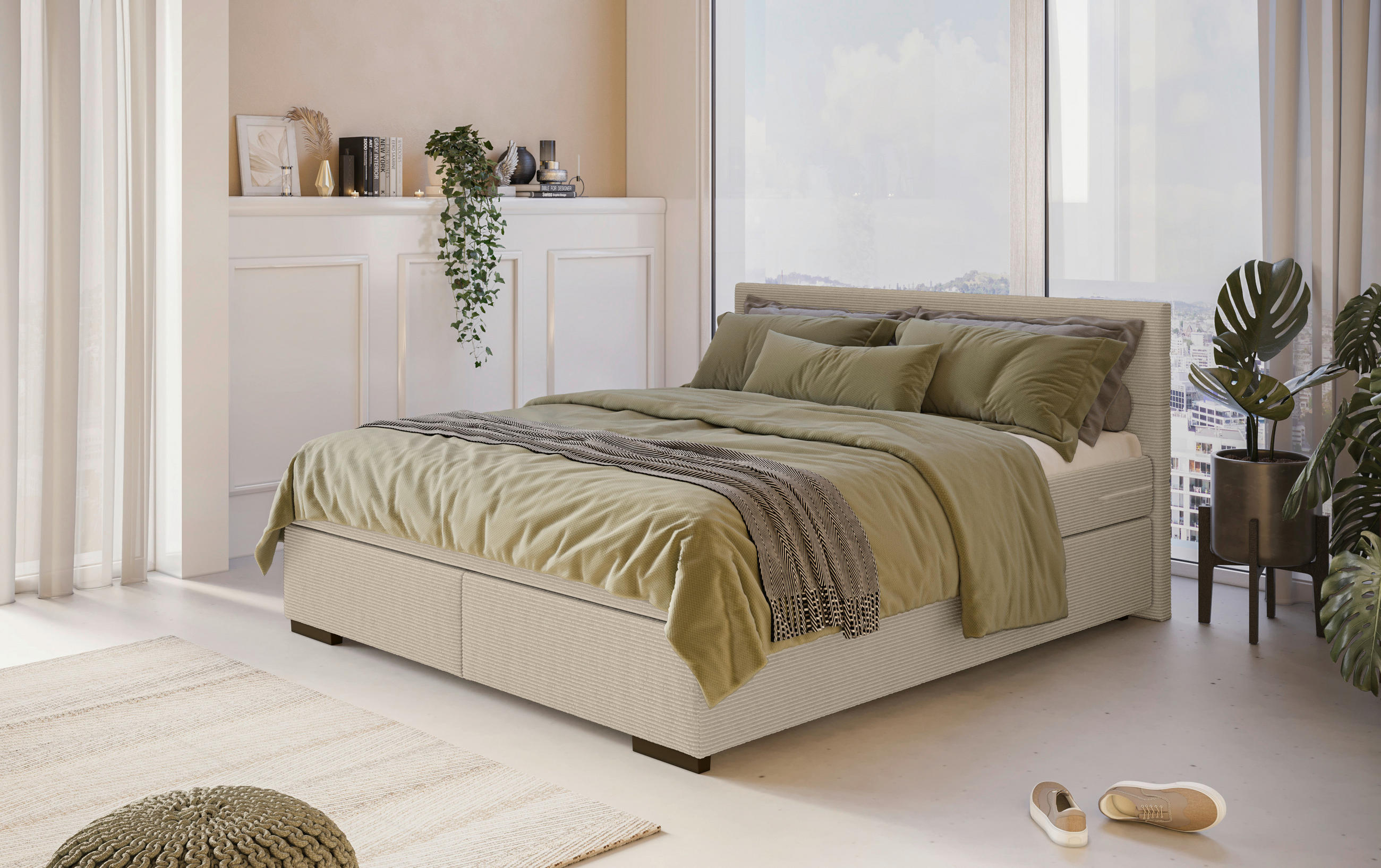 BOXBETT 180/200 cm  in Creme  - Creme/Schwarz, KONVENTIONELL, Holzwerkstoff/Textil (180/200cm) - MID.YOU
