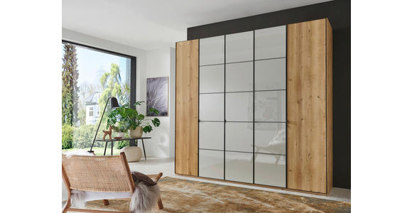DREHTÜRENSCHRANK 250/216/58 cm 5-türig Champagner, Eiche Bianco - Schieferfarben/Eiche Bianco, Design, Glas/Holzwerkstoff (250/216/58cm) - Novel