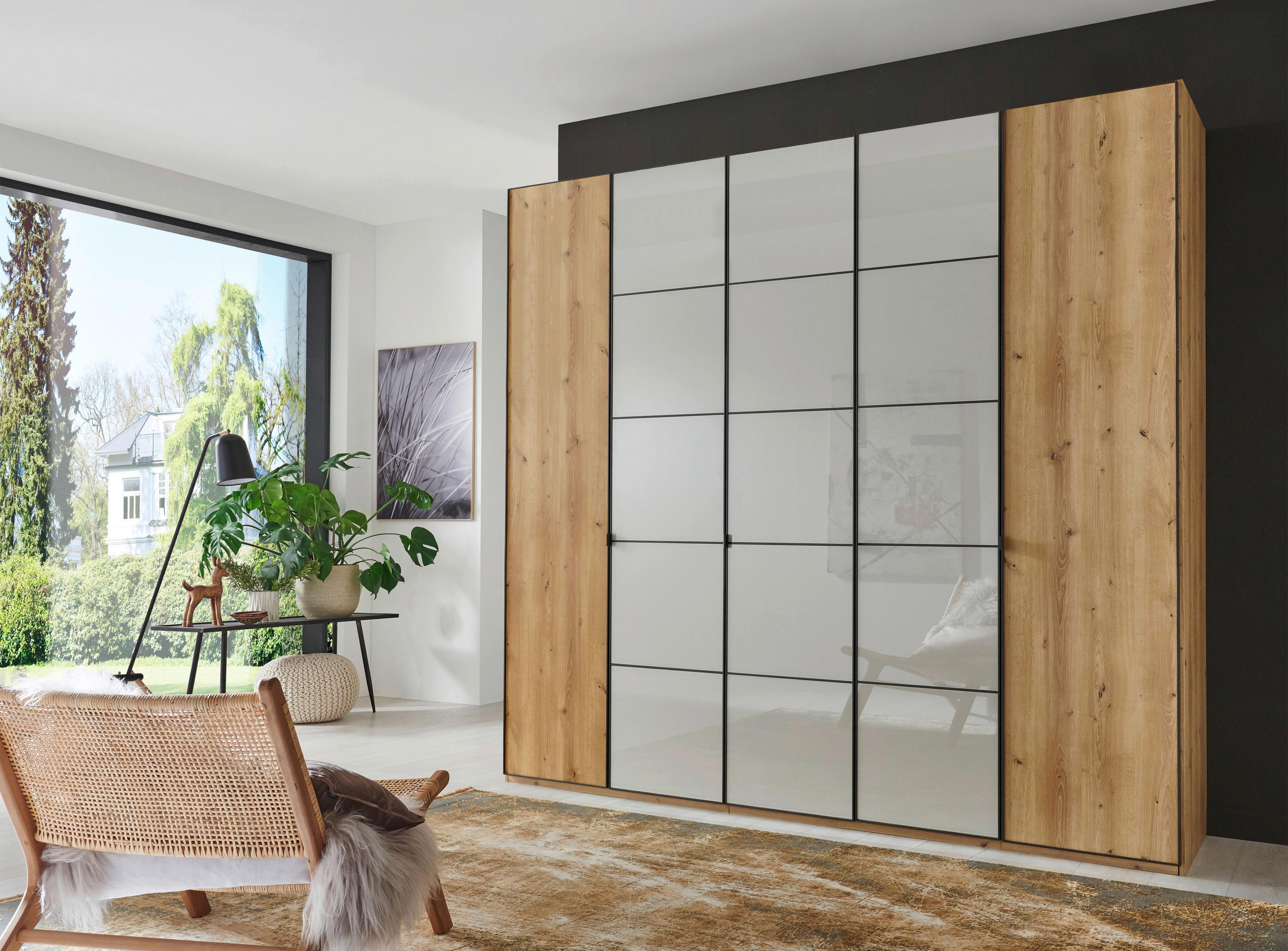 DREHTÜRENSCHRANK in Eiche Bianco, Champagner  - Schieferfarben/Eiche Bianco, Modern, Glas/Holzwerkstoff (250/236/58cm) - Novel