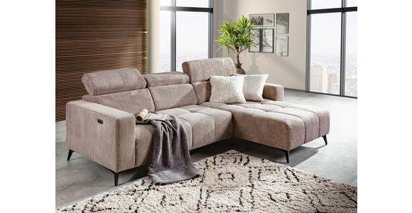 ECKSOFA Taupe Cord Rücken echt, Kopfteilverstellung, Sitzvorzug  - Taupe/Schwarz, KONVENTIONELL, Textil/Metall (257/170cm) - Carryhome