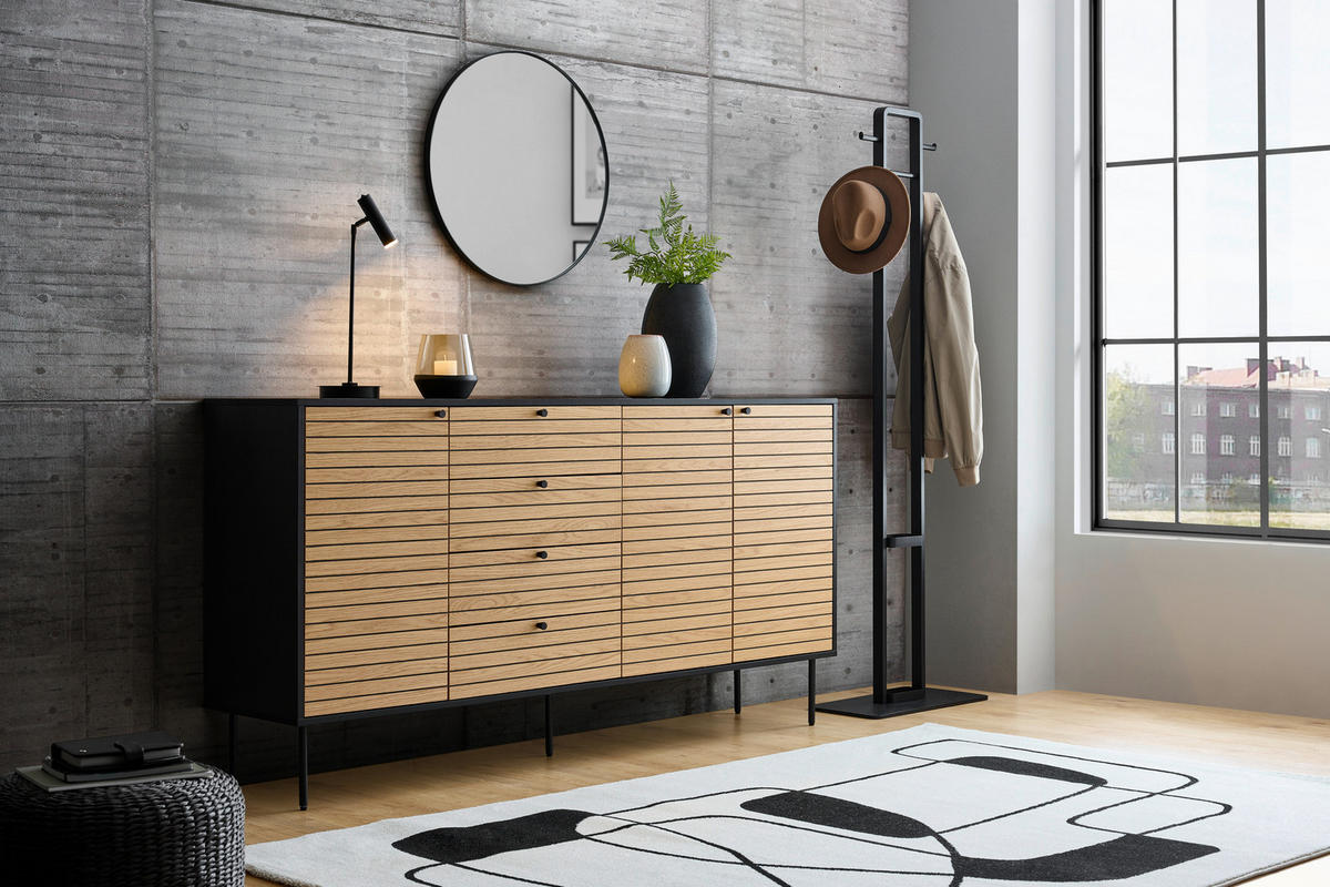 KOMODA, črna, barve hrasta  - črna/barve hrasta, Design, kovina/leseni material (180/94/40cm) - Xora