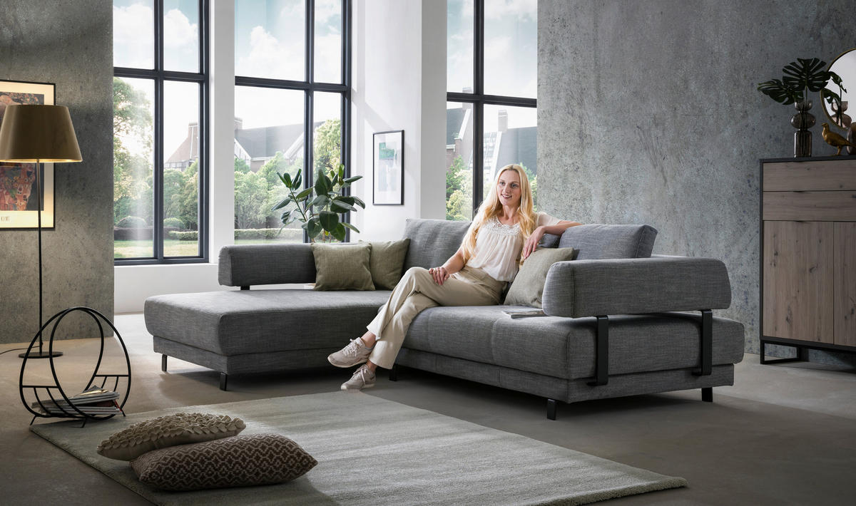 ECKSOFA in Flachgewebe Grau  - Schwarz/Grau, Design, Textil/Metall (202/279cm)
