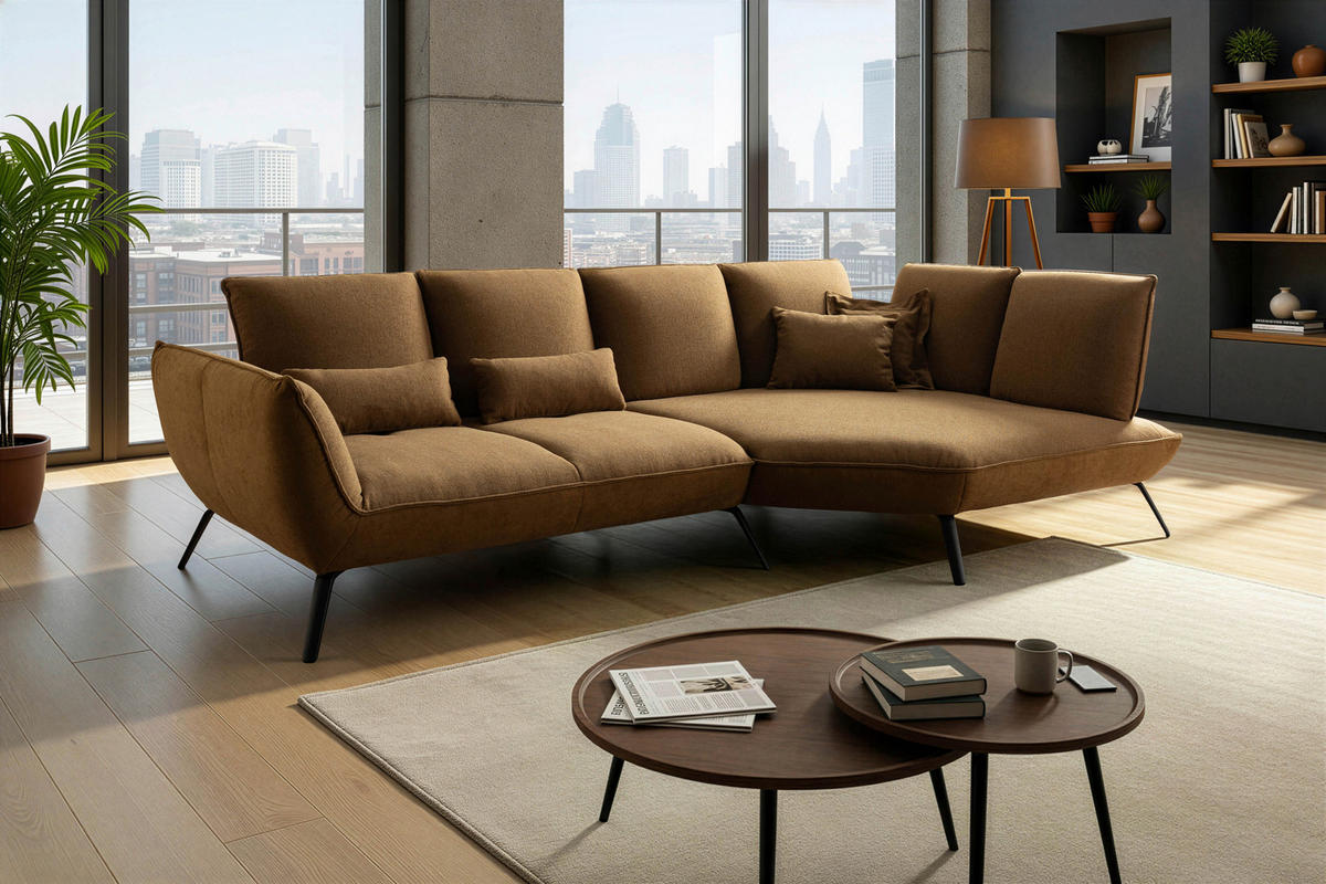 ECKSOFA Braun Flachgewebe Rücken echt, Nierenkissen  - Schwarz/Braun, Design, Textil/Metall (320/169cm) - Moderano