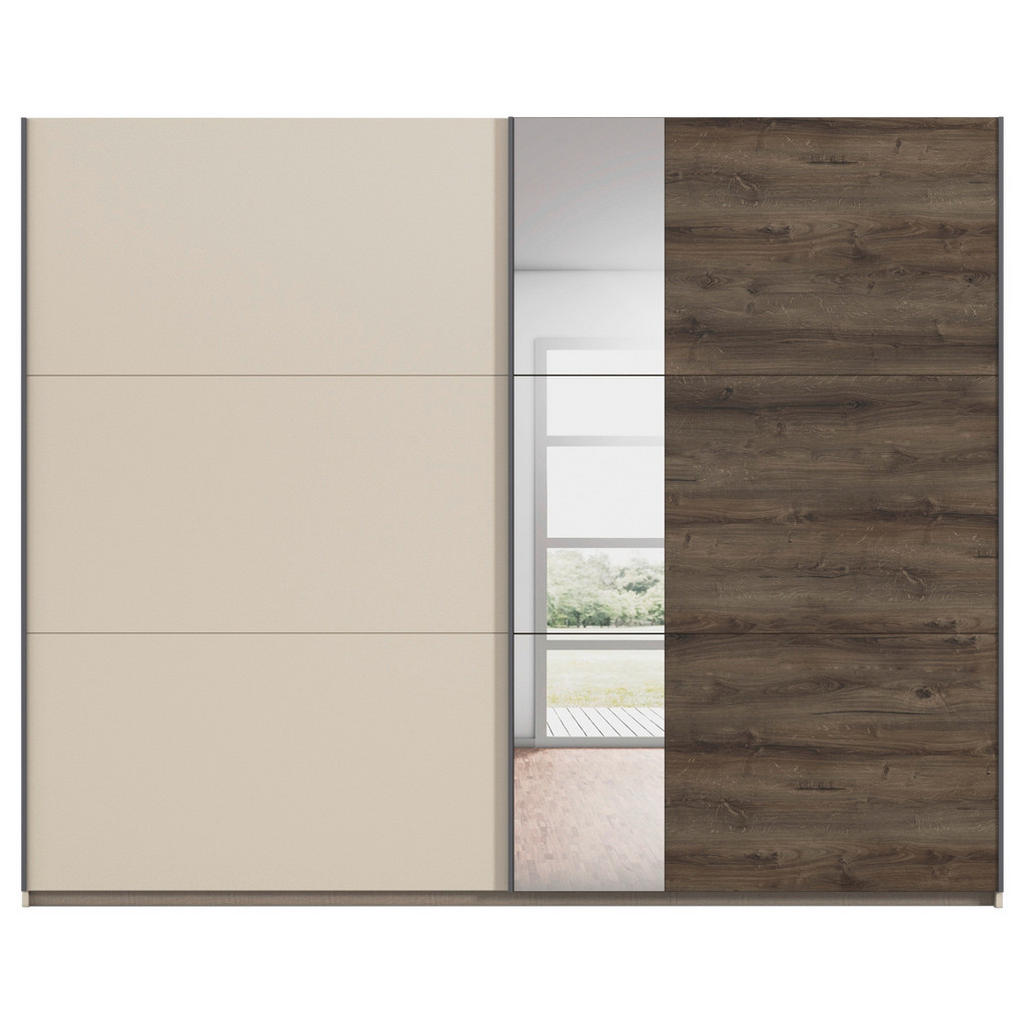 Thumbnail - Schwebetürenschrank, Champagner, Eiche dunkel, Klar, Metall, 2 Fächer, 218x210x59 cm, Blauer Engel, Goldenes M, Made in ...