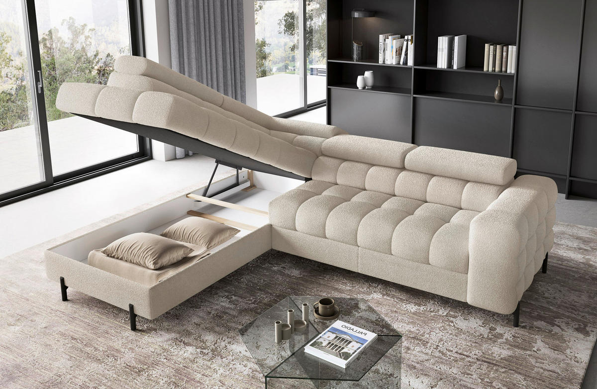 ECKSOFA FERUCCE Creme Teddystoff Bettkasten, Kopfteilverstellung  - Creme/Schwarz, Design, Textil/Metall (200/276cm) - MID.YOU