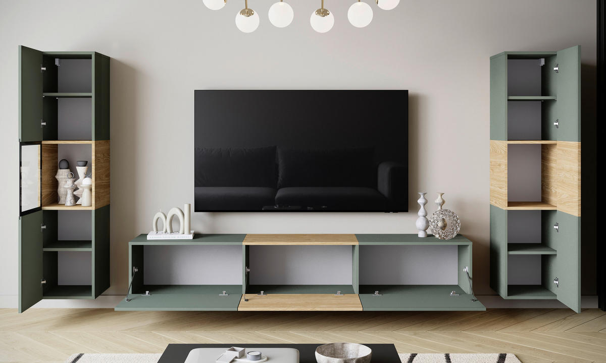 WOHNWAND Berlin 3-teilig  in Eichefarben, Salbeigrün  240/130/31 cm   - Eichefarben/Salbeigrün, Design, Glas/Holzwerkstoff (240/130/31cm) - P & B