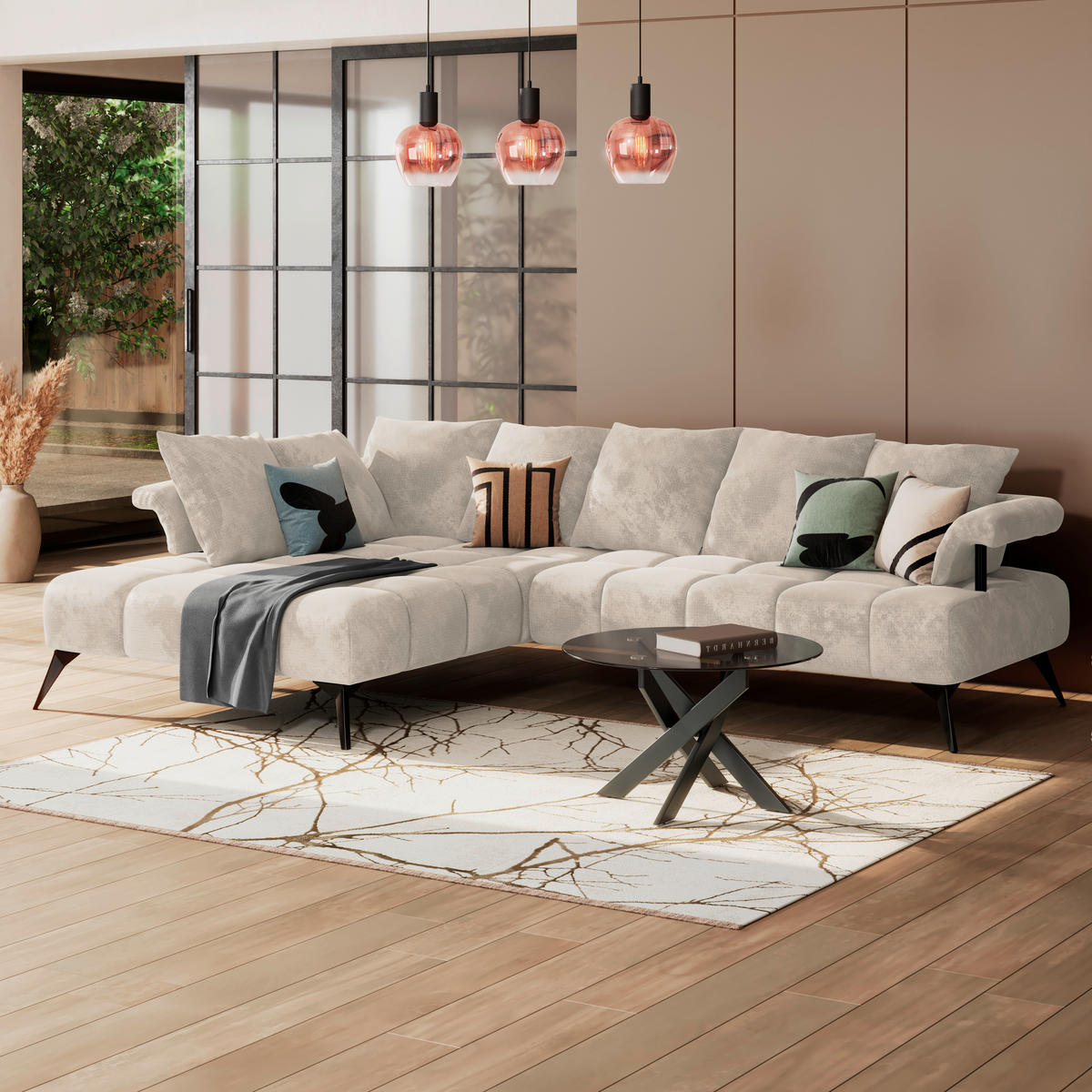 ECKSOFA in Flachgewebe Beige  - Beige/Schwarz, Modern, Kunststoff/Textil (200/297cm) - Livetastic