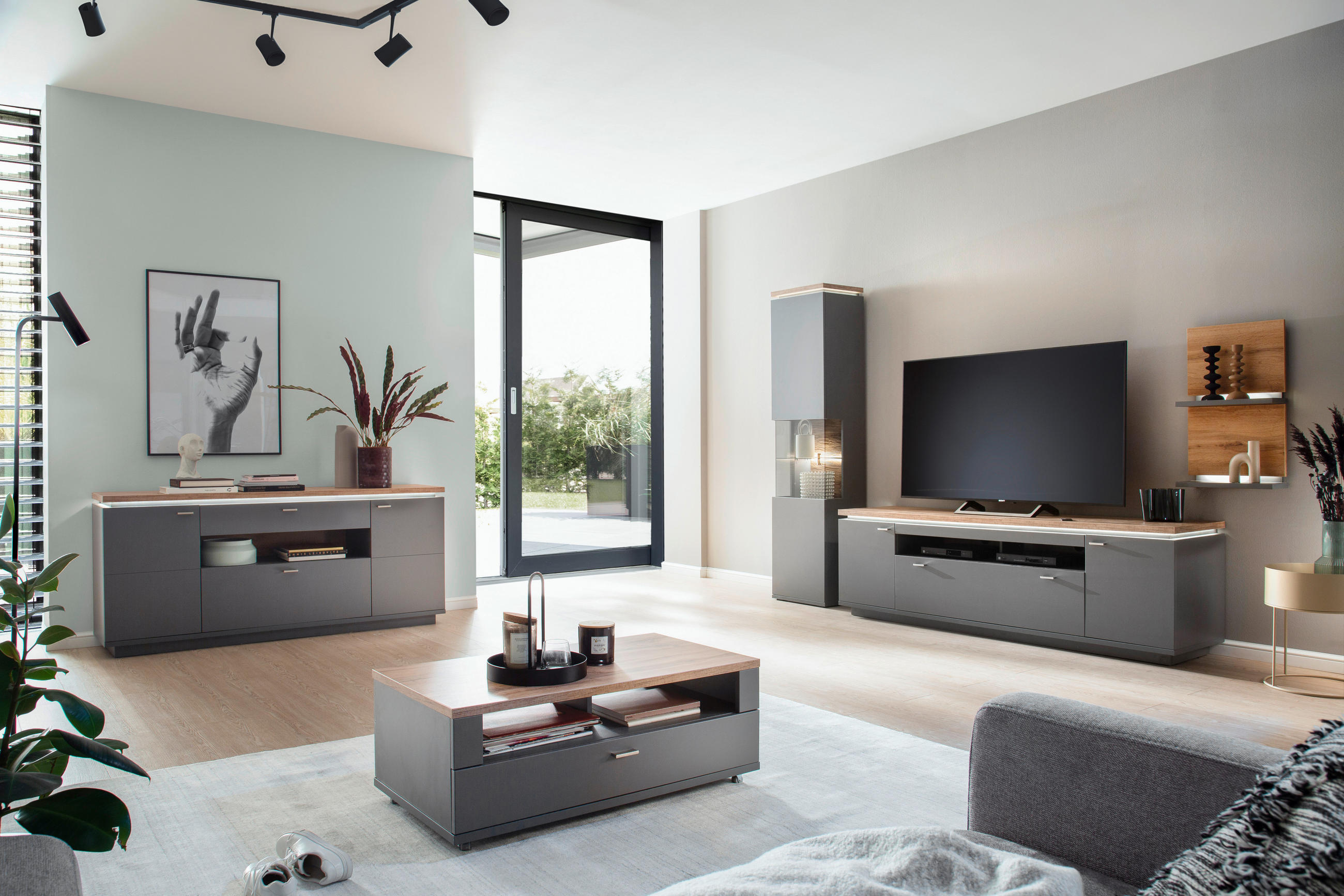 Thumbnail - Stylife Lowboard Neapel, Grau, Eiche Wotan, Metall, 2 Fächer, 1 Schubladen, 210x65x50 cm, Beimöbel erhältlich, stehend, ...