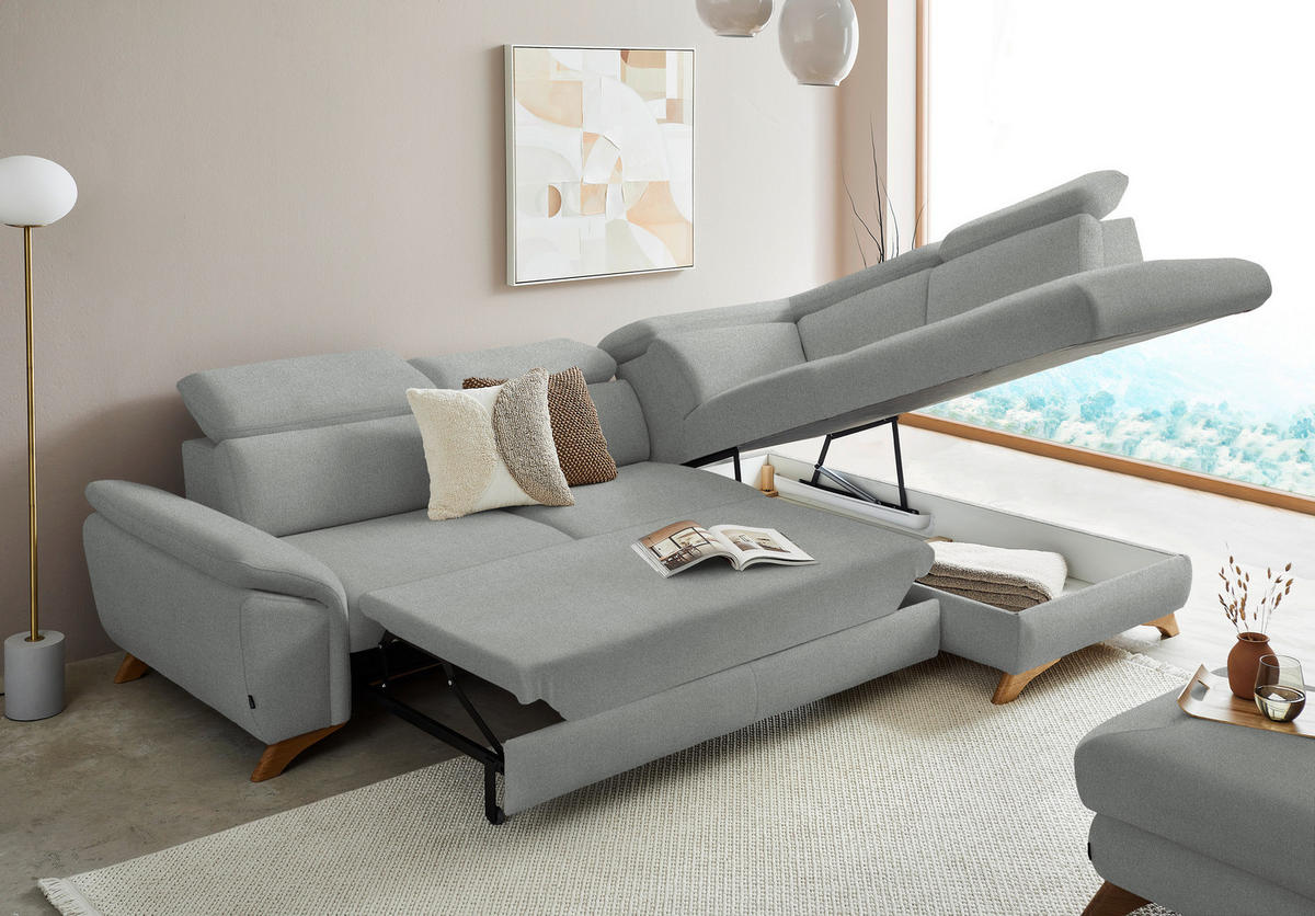 ECKSOFA in Flachgewebe Hellgrau  - Eichefarben/Hellgrau, Modern, Holz/Textil (287/212cm) - Valnatura