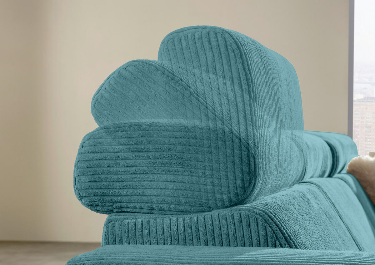 ECKSOFA Petrol Cord Rücken echt, Kopfteilverstellung, Sitzvorzug  - Petrol/Schwarz, KONVENTIONELL, Textil/Metall (257/170cm) - Carryhome