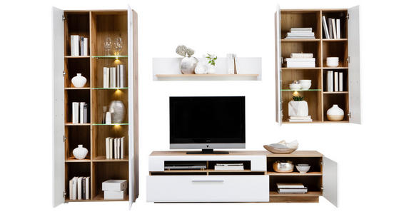 WOHNWAND  in Weiß, Eichefarben  300/202/46 cm  - Chromfarben/Eichefarben, KONVENTIONELL, Glas/Holzwerkstoff (300/202/46cm) - Hom`in
