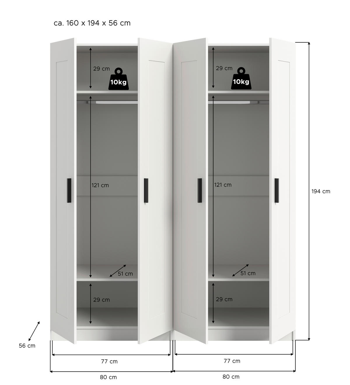 DREHTÜRENSCHRANK 160/194/56 cm,  in Weiß, 4 Tür(en)-türig  - Schwarz/Weiß, ROMANTIK / LANDHAUS, Holzwerkstoff/Kunststoff (160/194/56cm) - Livetastic