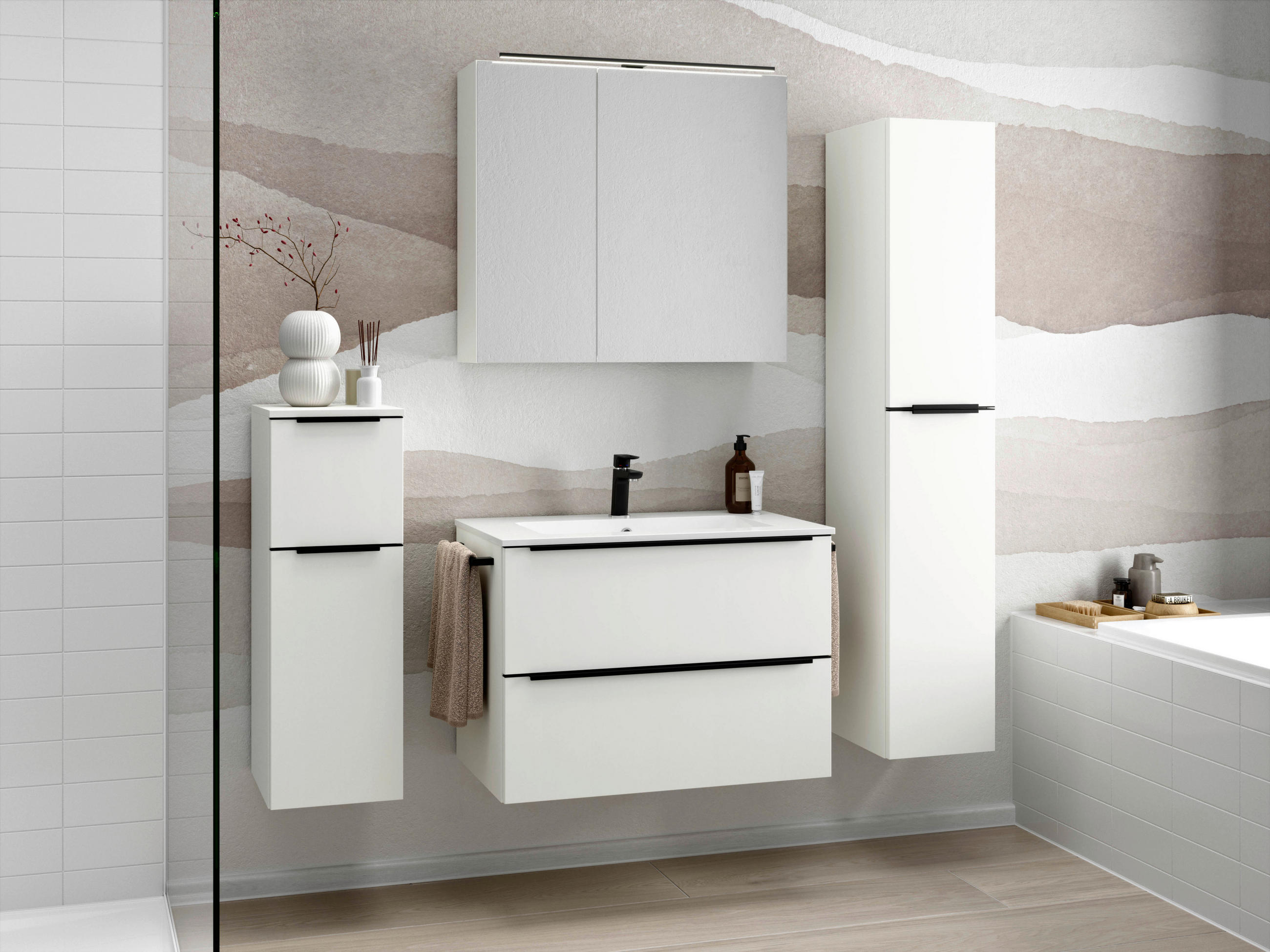 BADEZIMMER 5-teilig  in 141 cm  - Schwarz/Weiß, MODERN, Holzwerkstoff/Stein (141cm) - Nobilia