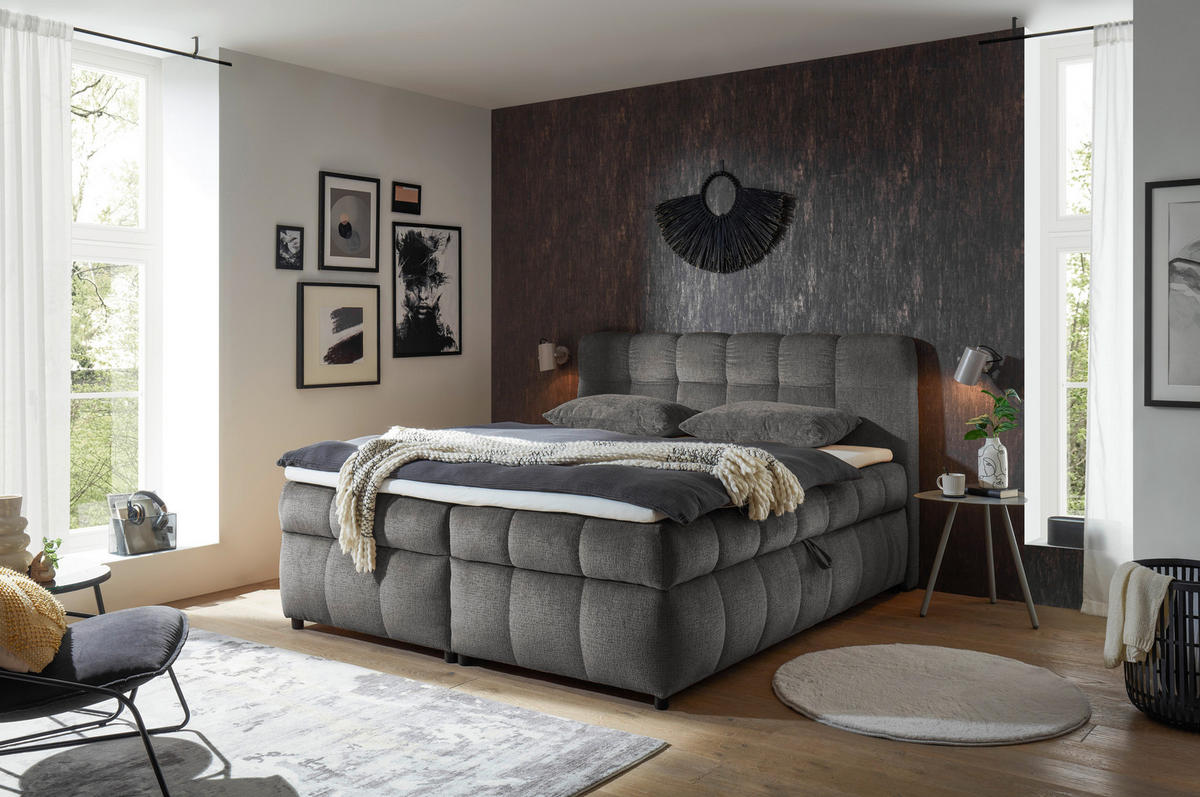 BOXBETT 180/200 cm,  in Dunkelgrau, Bettkasten, Topper, H2 + H2 = mittel  - Dunkelgrau/Schwarz, Design, Kunststoff/Textil (180/200cm) - Esposa