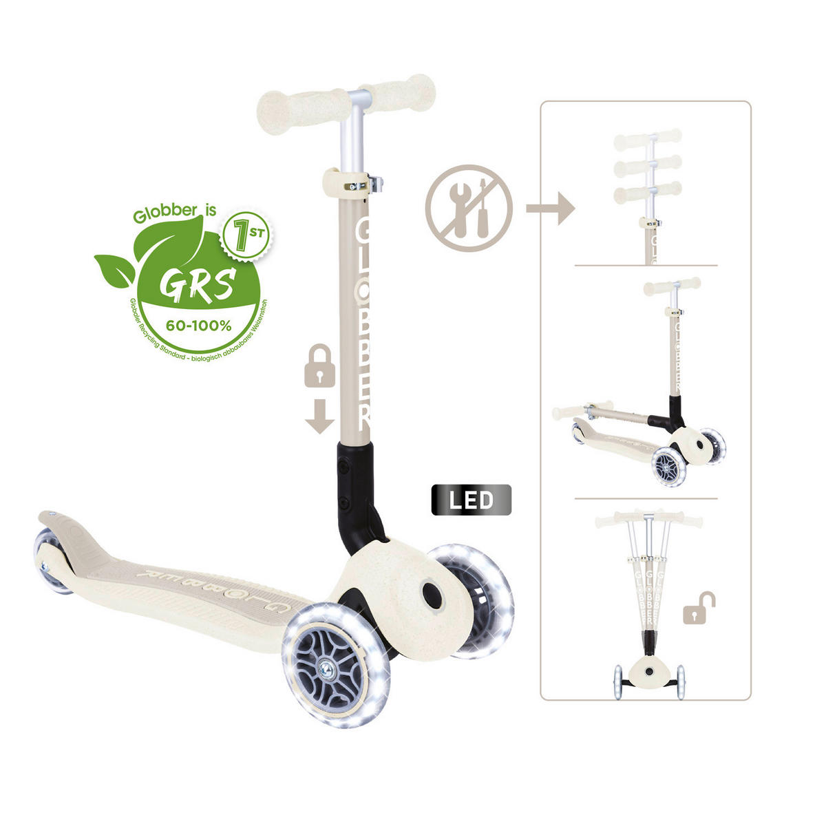 KINDERSCOOTER JUNIOR FOLDABLE LIGHTS  - Perlmutt, Basics, Kunststoff (57.5/28/68cm) - GLOBBER