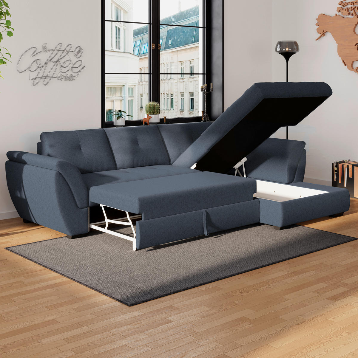 ECKSOFA Dunkelblau Webstoff  - Schwarz/Dunkelblau, Design, Kunststoff/Textil (278/187cm) - Livetastic