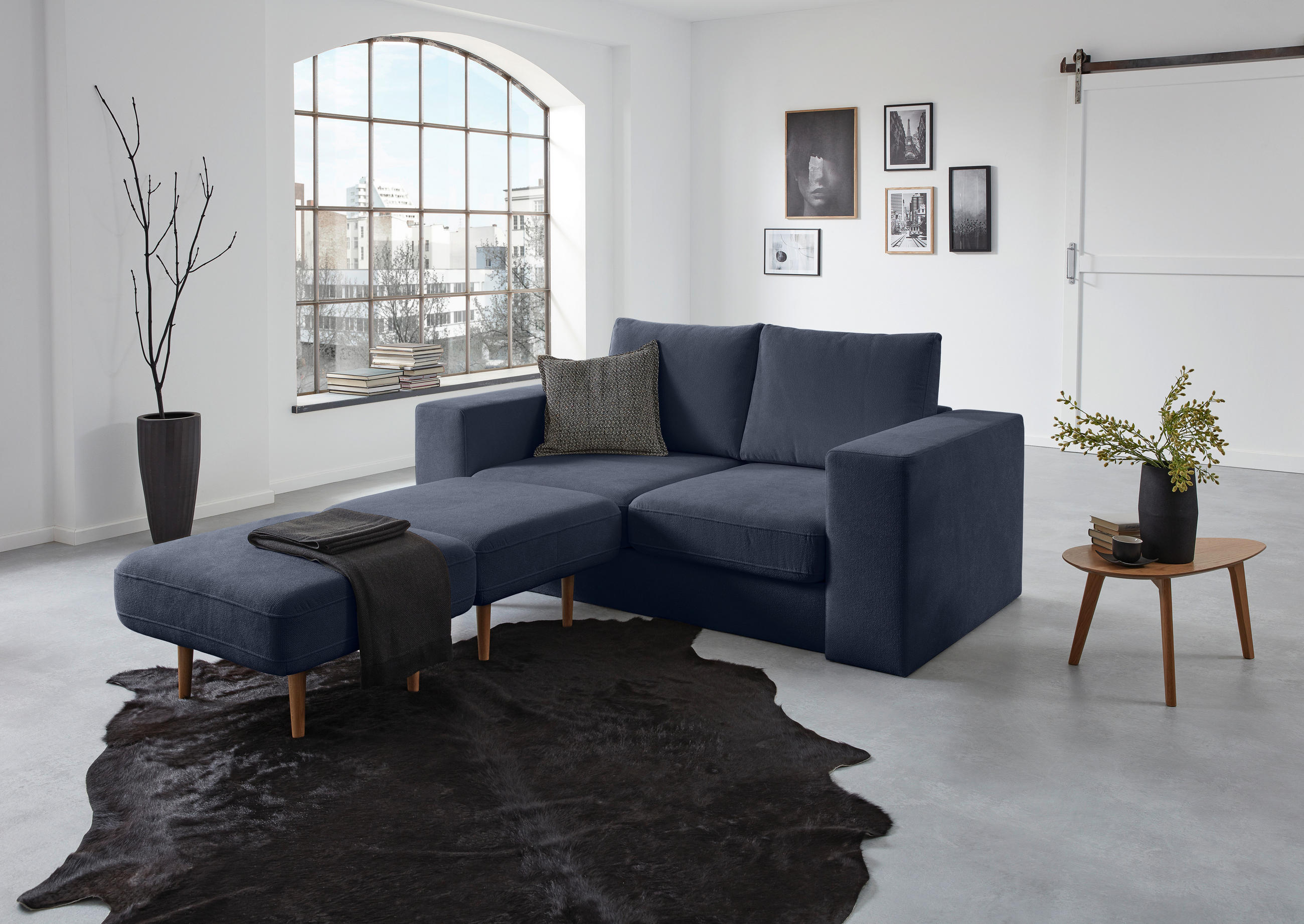 3,5-SITZER inkl. Hocker Webstoff Dunkelblau  - Eichefarben/Dunkelblau, Design, Holz/Textil (232/96/107cm) - LOOKS by W.Joop