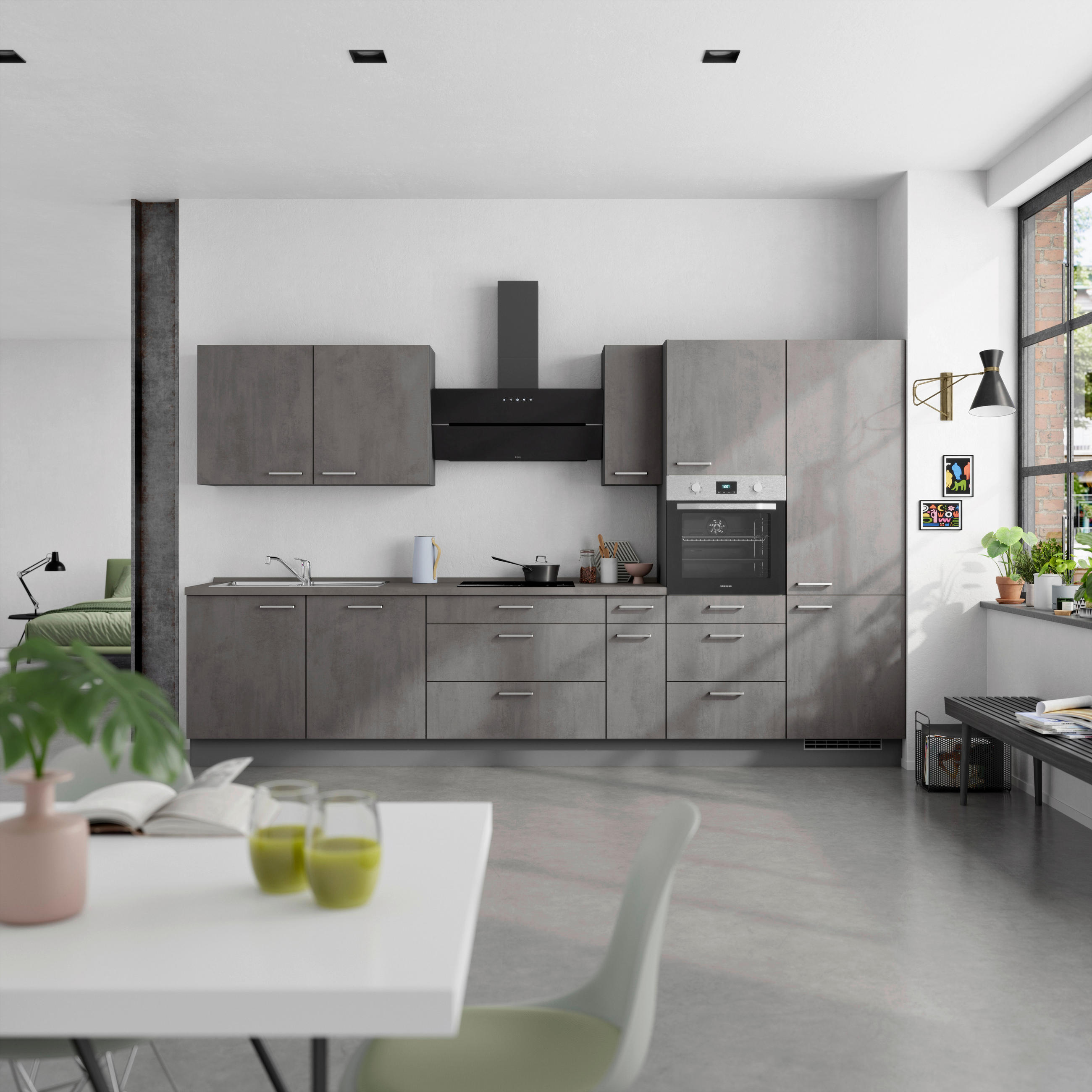KÜCHENBLOCK Riva 360 cm  in Schieferfarben  - Schieferfarben/Edelstahlfarben, MODERN, Holzwerkstoff/Metall (360cm) - Nobilia