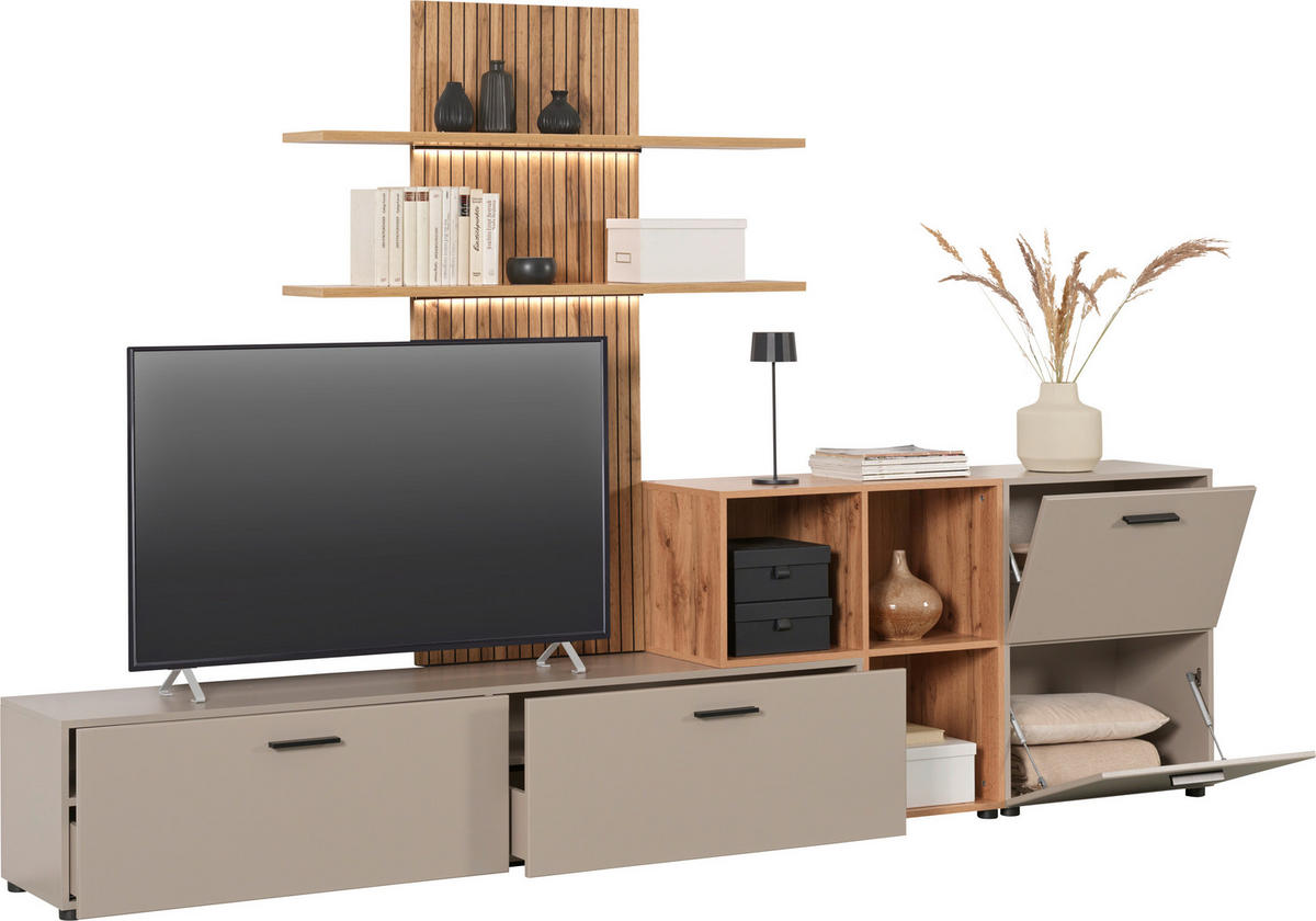 OBÝVACÍ STĚNA, barvy dubu, šedobéžová - černá/barvy dubu, Moderní, kompozitní dřevo/plast (296/190/40cm) - Carryhome