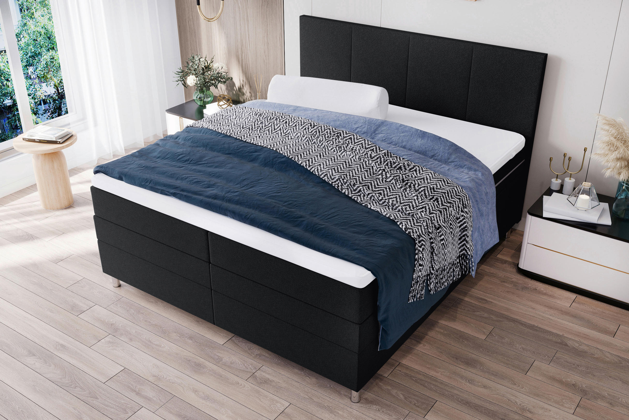 BOXSPRINGBETT 180/200 cm  in Schwarz  - Chromfarben/Schwarz, KONVENTIONELL, Kunststoff/Textil (180/200cm) - Boxxx