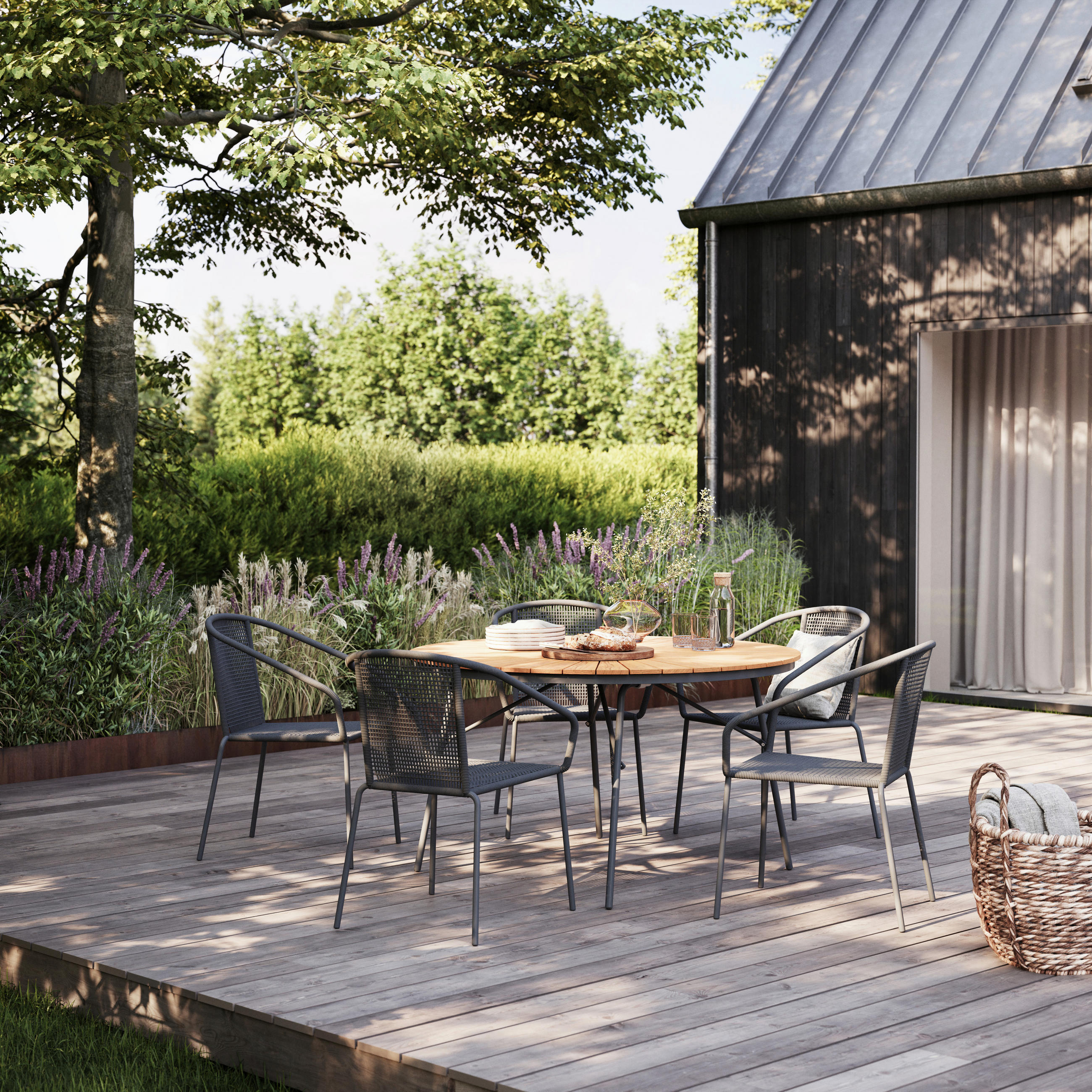 GARTENTISCHGRUPPE Teakholz vollmassiv Aluminium - Dunkelgrau/Anthrazit, Natur, Holz/Kunststoff (180/180/74cm) - Gardenson