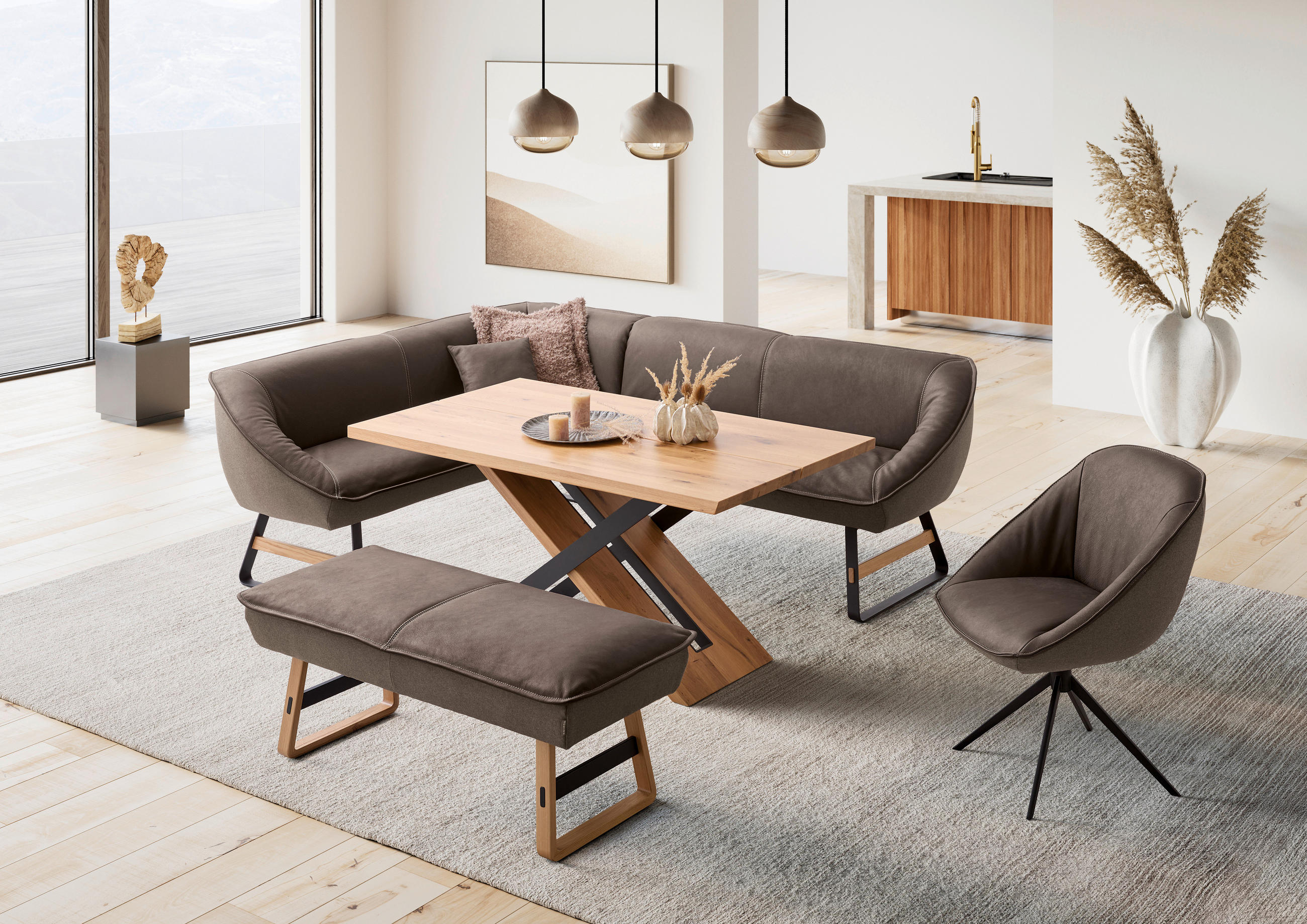 ECKBANK 192/244 cm Flachgewebe Echtleder Braun Holz, Metall   - Beige/Schwarz, Design, Leder/Holz (192/244cm) - Koinor
