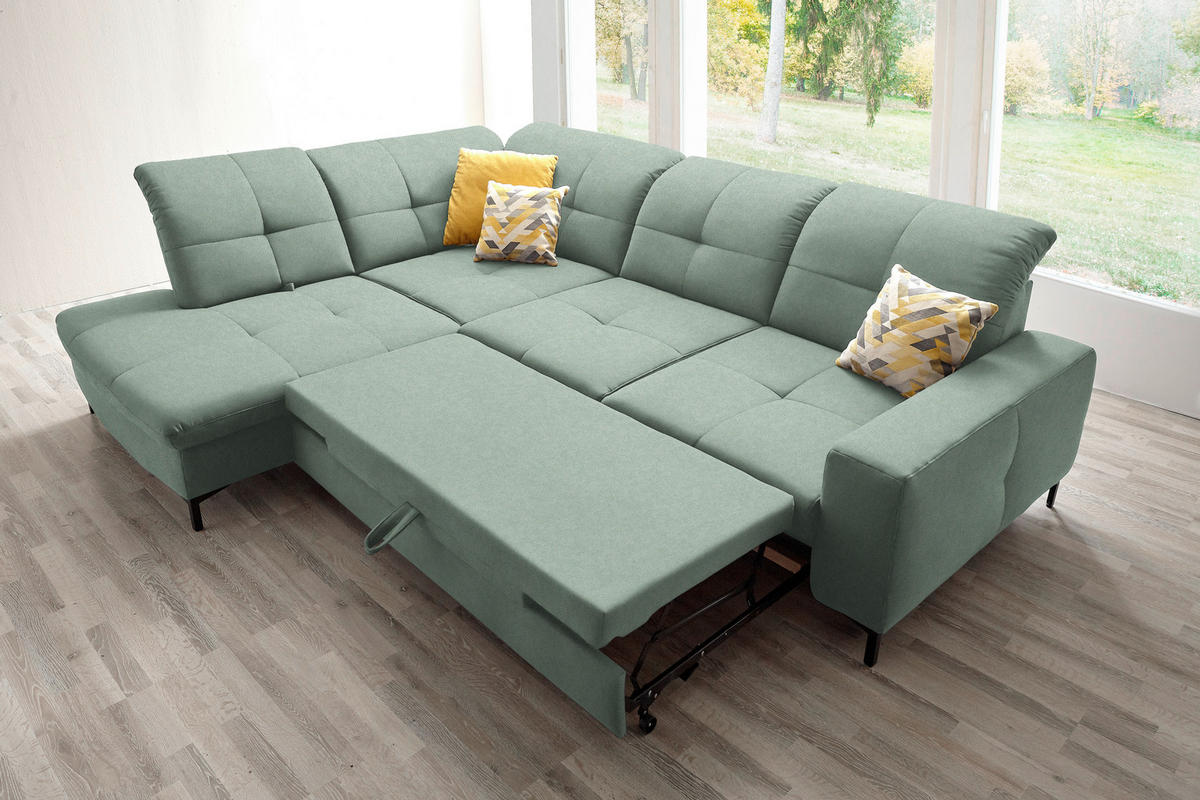 ECKSOFA in Chenille Mintgrün  - Schwarz/Mintgrün, Design, Textil/Metall (240/308cm) - Xora