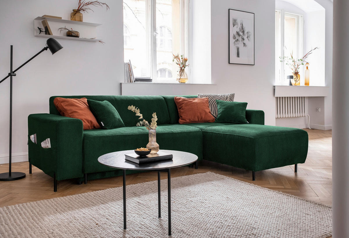 ECKSOFA Dunkelgrün Cord  - Dunkelgrün/Schwarz, Textil/Metall (260/165cm) - MID.YOU