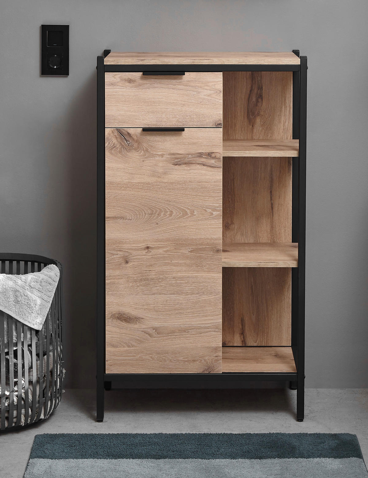 MIDISCHRANK 60/105/30 cm  - Eichefarben/Schwarz, KONVENTIONELL, Holzwerkstoff/Kunststoff (60/105/30cm) - home24