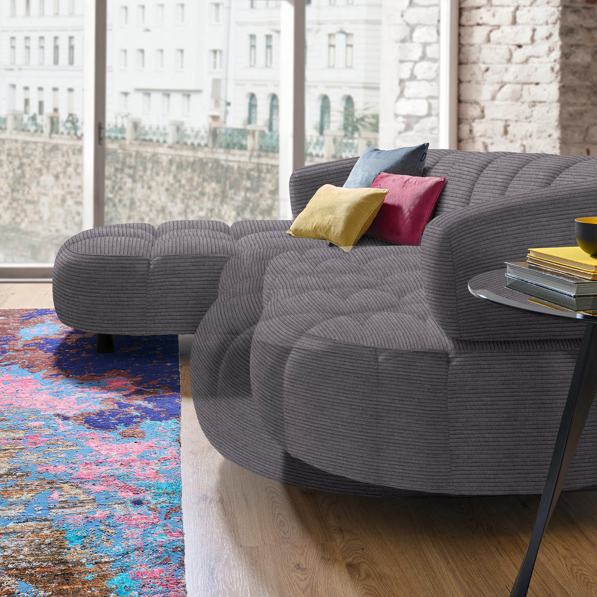 ECKSOFA Graubraun Cord, Velours  - Graubraun/Schwarz, Design, Holz/Textil (183/284cm) - Welnova