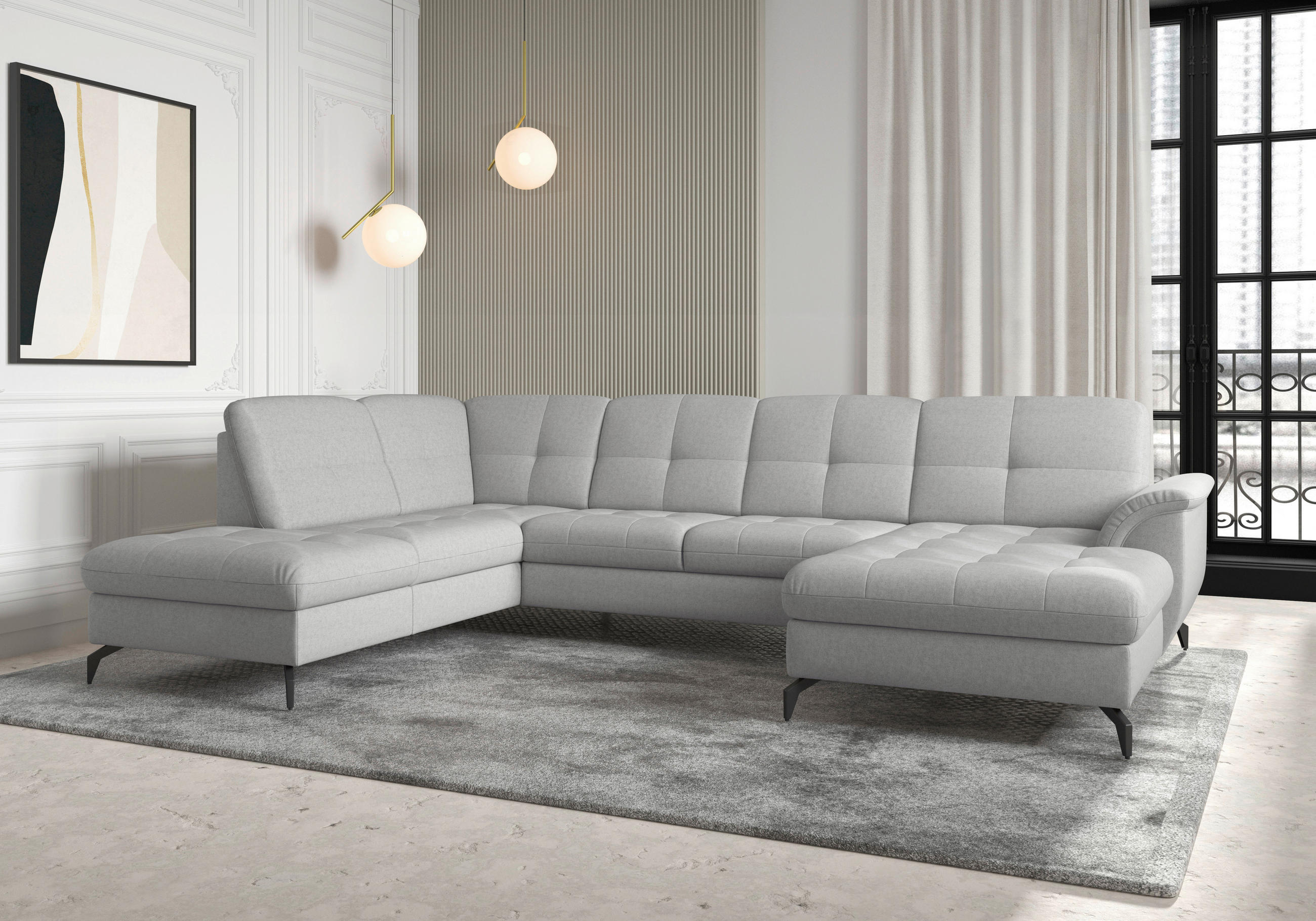 WOHNLANDSCHAFT in Flachgewebe Hellgrau  - Hellgrau/Schwarz, MODERN, Textil/Metall (212/319/164cm) - Sit & More