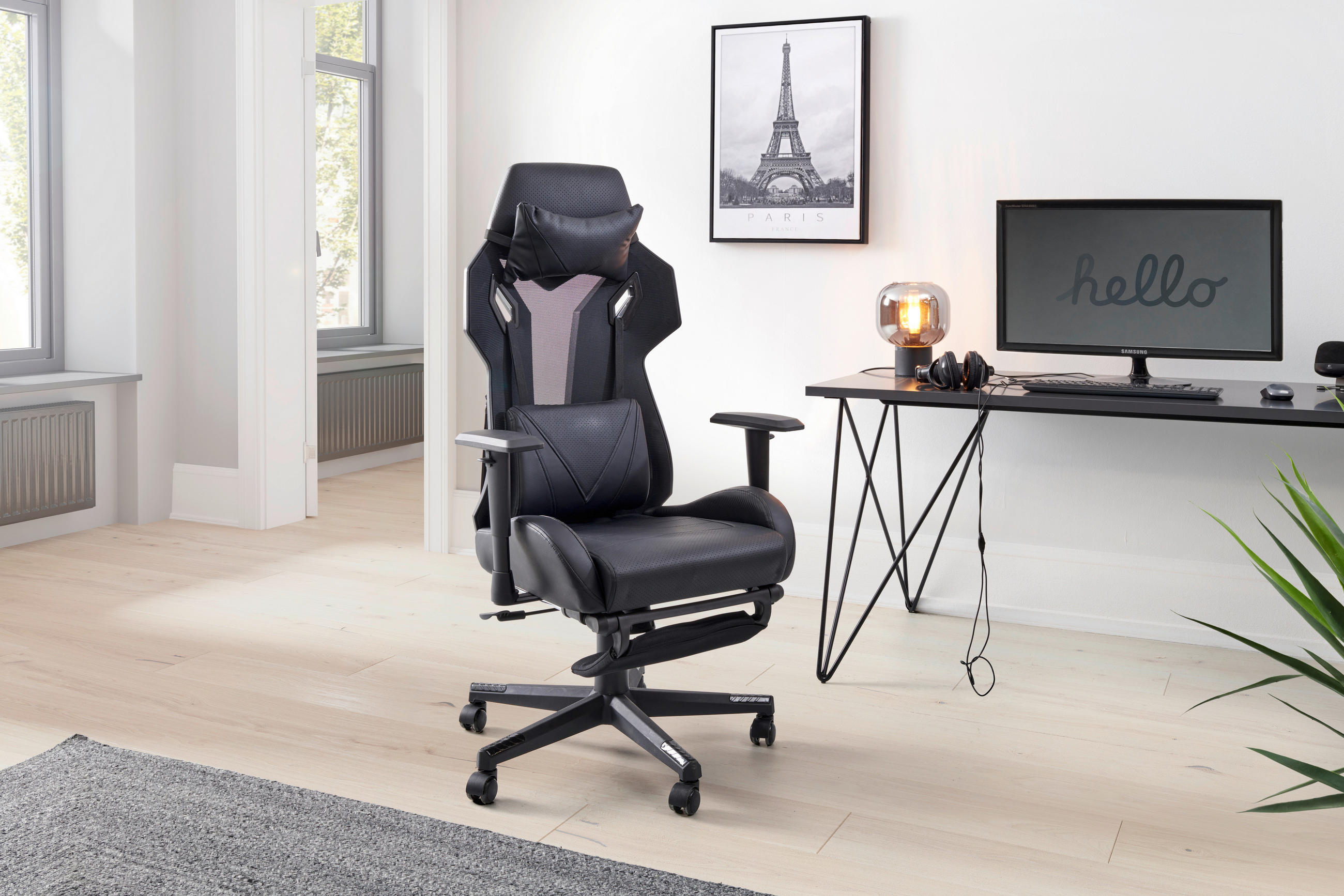 SCAUN DE GAMING  in imitație piele, plasă tensionată negru  - negru, Lifestyle, plastic/lemn (70/122-130/61.5cm) - MID.YOU