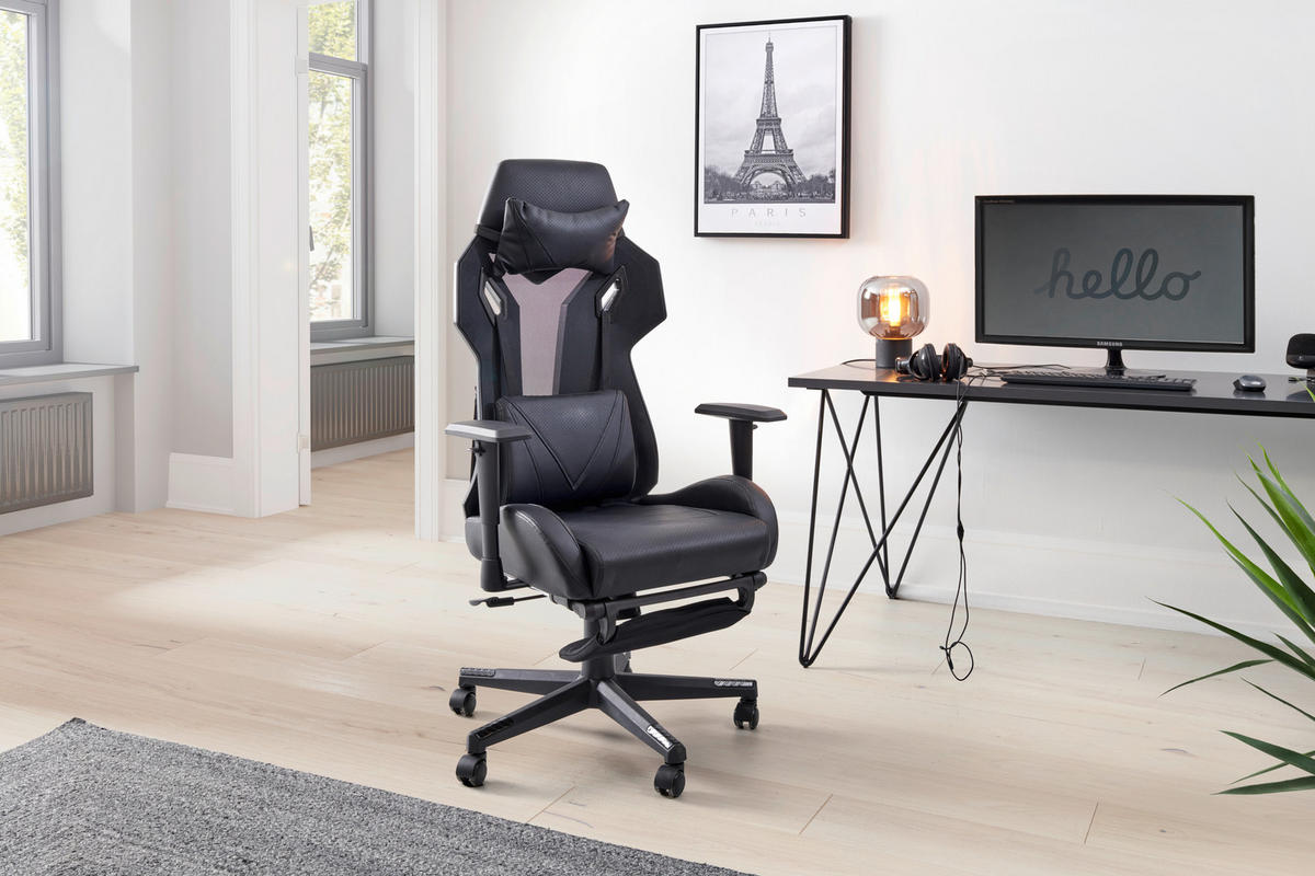 GAMINGSTUHL  in Lederlook, Netzbespannung Schwarz  - Schwarz, Lifestyle, Holz/Kunststoff (70/122-130/61.5cm) - MID.YOU