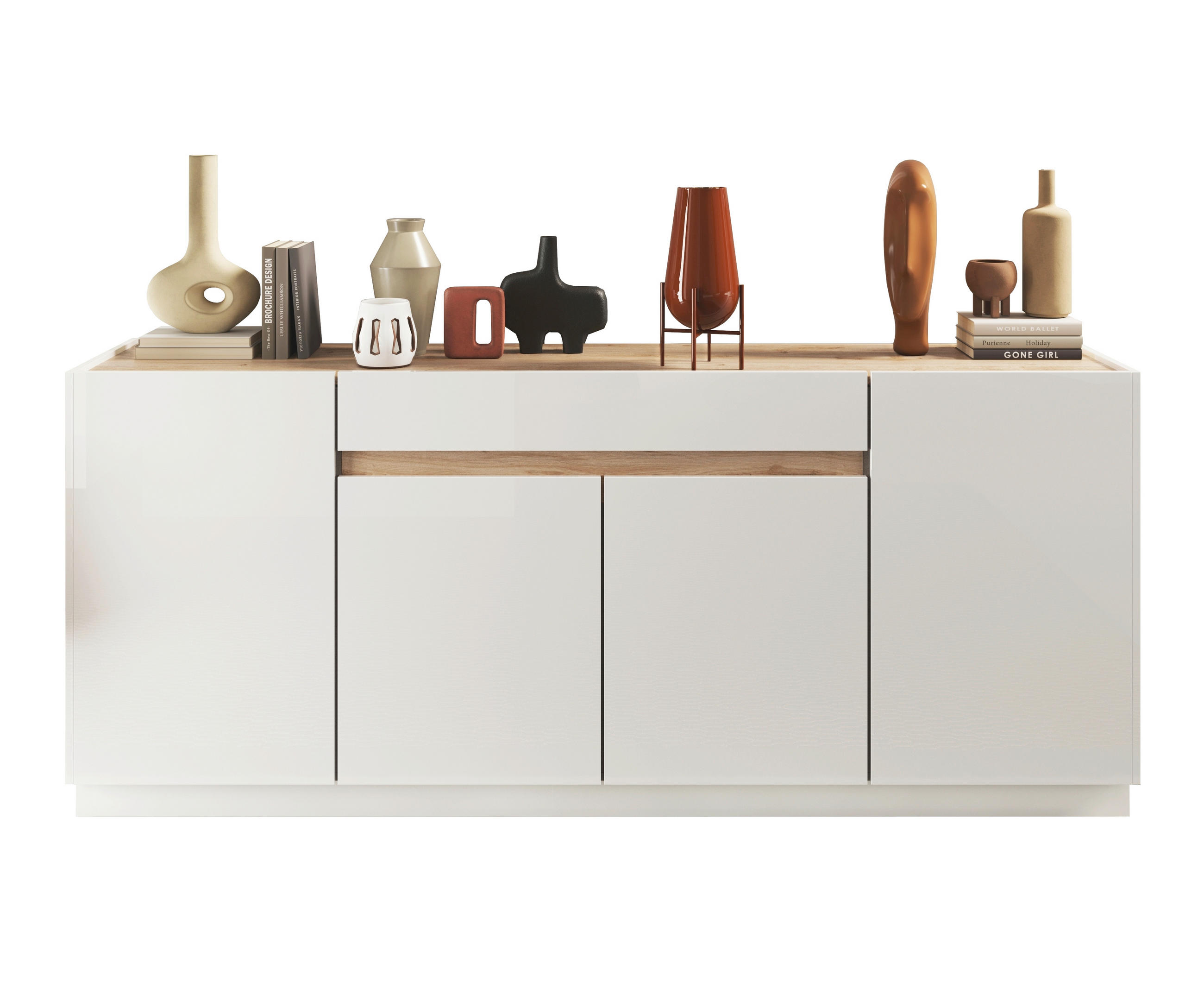 Carryhome ŠIROKÁ KOMODA, farba duba, biela s vysokým leskom, 205/87/40 cm.