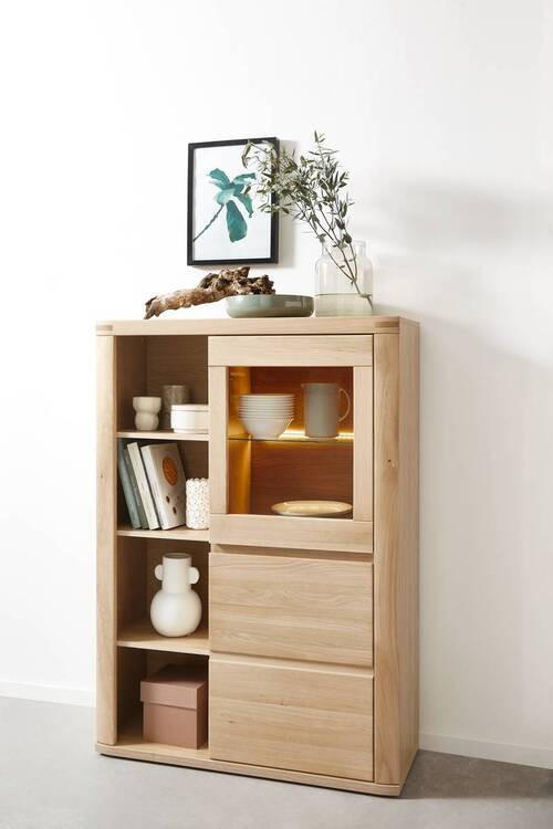 Thumbnail - Voleo Highboard, Alteiche, Glas, Holzwerkstoff, Eiche, massiv, 5 Fächer, 98x140x38 cm, Beimöbel erhältlich, in verschied...