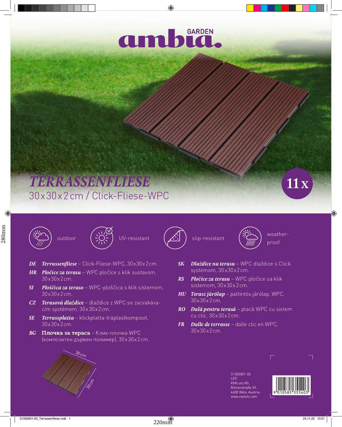 TERRASSENFLIESE Braun 11 Stück  - Braun, Basics, Kunststoff (30/30/2cm) - Ambia Garden