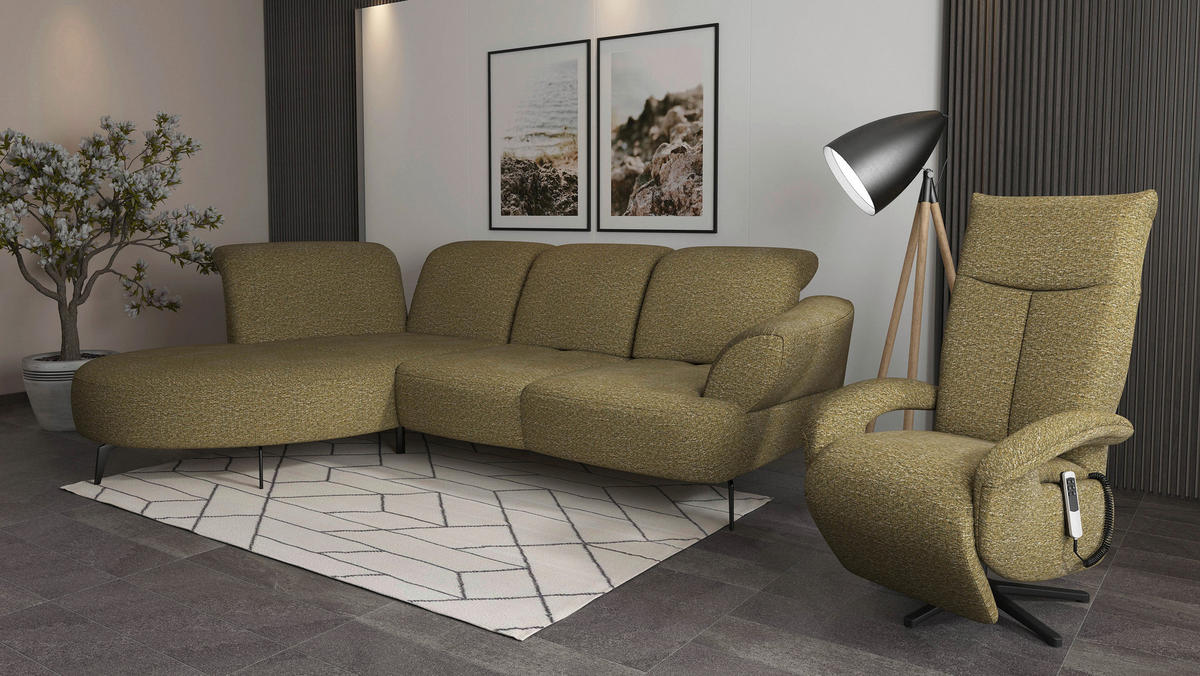 ECKSOFA DANCE E Olivgrün Chenille  - Schwarz/Olivgrün, MODERN, Textil/Metall (208/313cm) - Sit & More