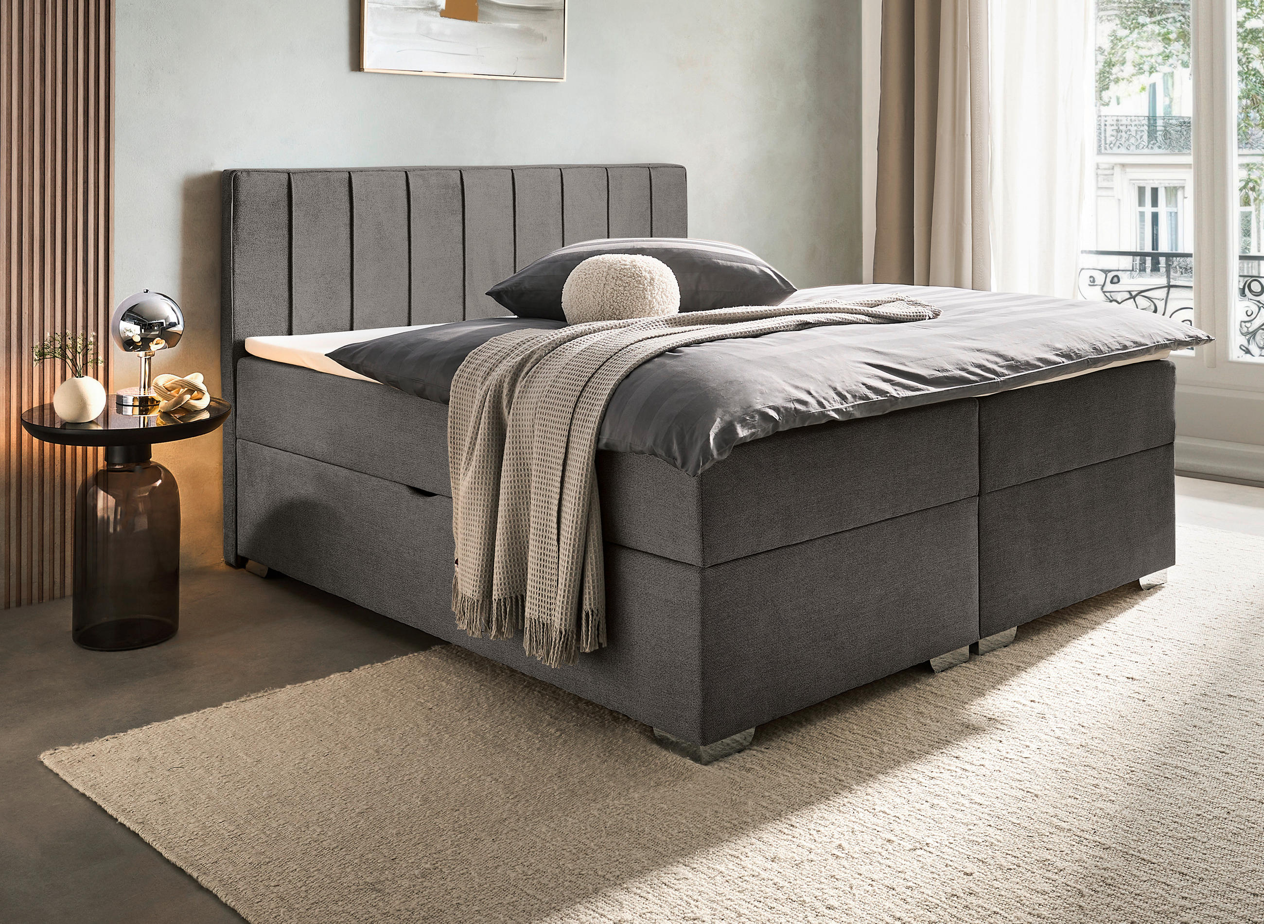 BOXBETT 160/200 cm,  in Dunkelgrau, Bettkasten, Topper, H3 + H3 = fest  - Chromfarben/Dunkelgrau, Trend, Kunststoff/Textil (160/200cm) - Boxxx