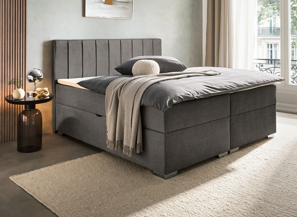 BOXBETT 140/200 cm,  in Dunkelgrau, Bettkasten, Topper, H3 + H3 = fest  - Chromfarben/Dunkelgrau, Trend, Kunststoff/Textil (140/200cm) - Boxxx