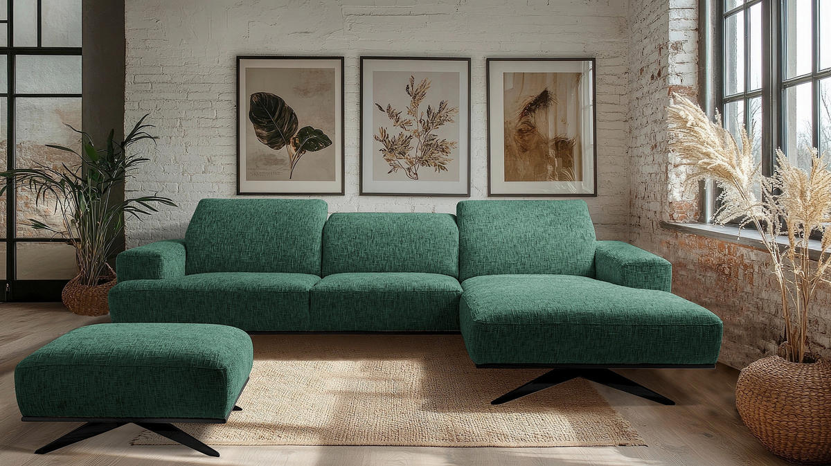 ECKSOFA PORTLAND in Struktur Grün Kopfteilverstellung  295/187 cm  - Schwarz/Grün, Design, Holz/Textil (295/187cm) - Livetastic
