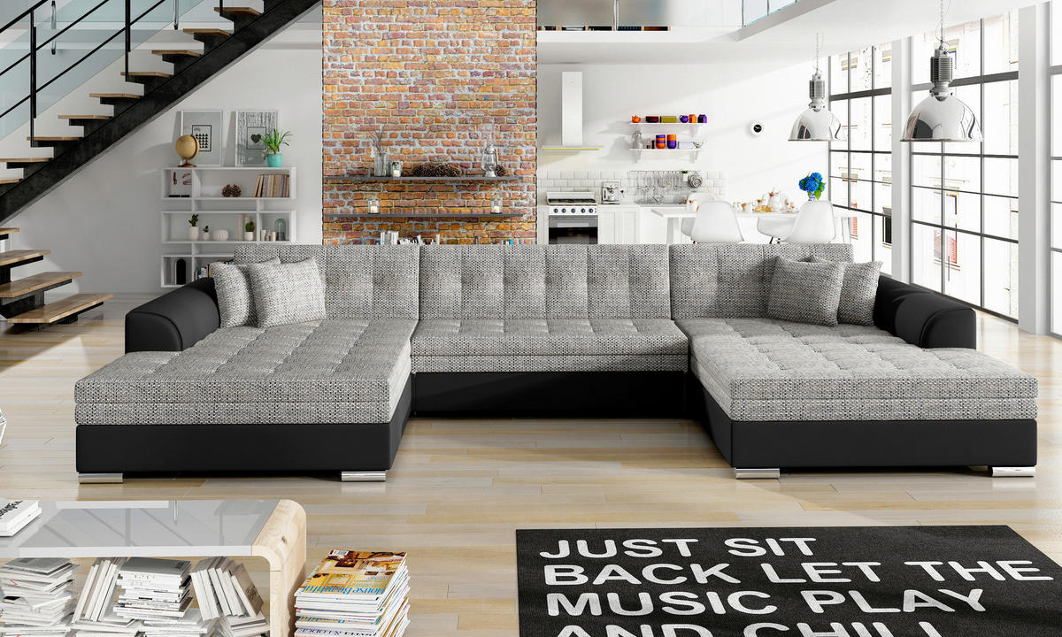 WOHNLANDSCHAFT Grau, Schwarz Webstoff  - Chromfarben/Schwarz, Design, Kunststoff/Textil (165/359/165cm) - MID.YOU